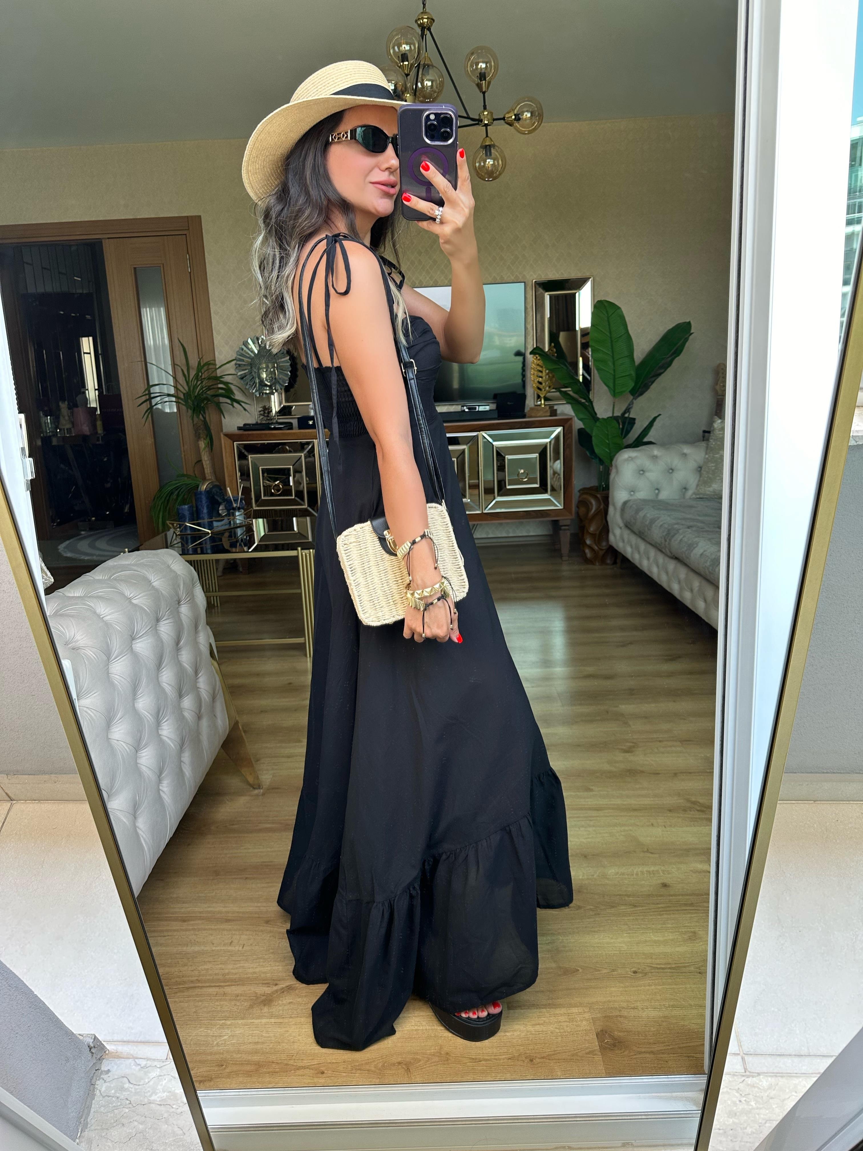 Siyah İp Askılı Bağlama Detaylı Elbise