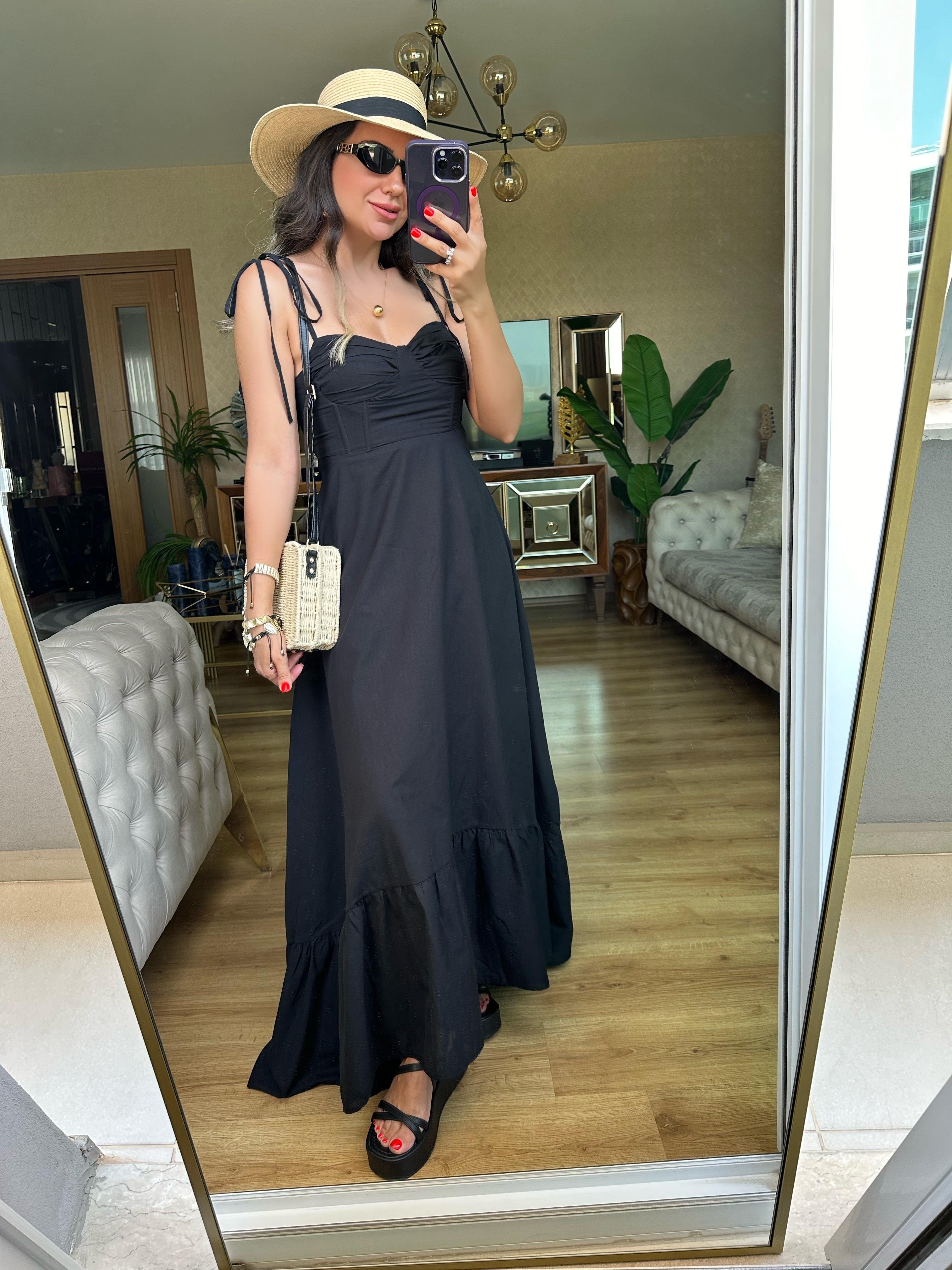 Siyah İp Askılı Bağlama Detaylı Elbise