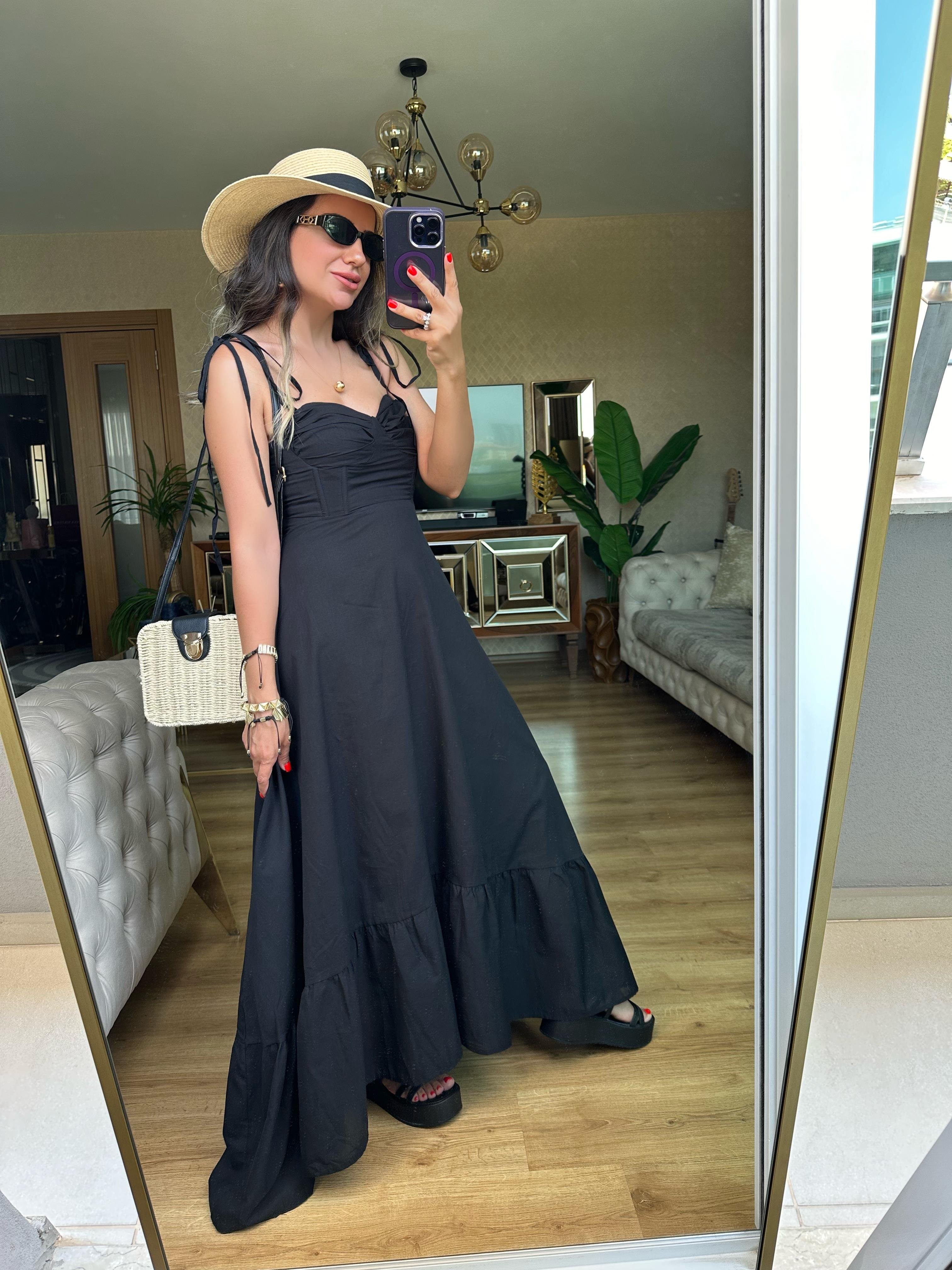 Siyah İp Askılı Bağlama Detaylı Elbise