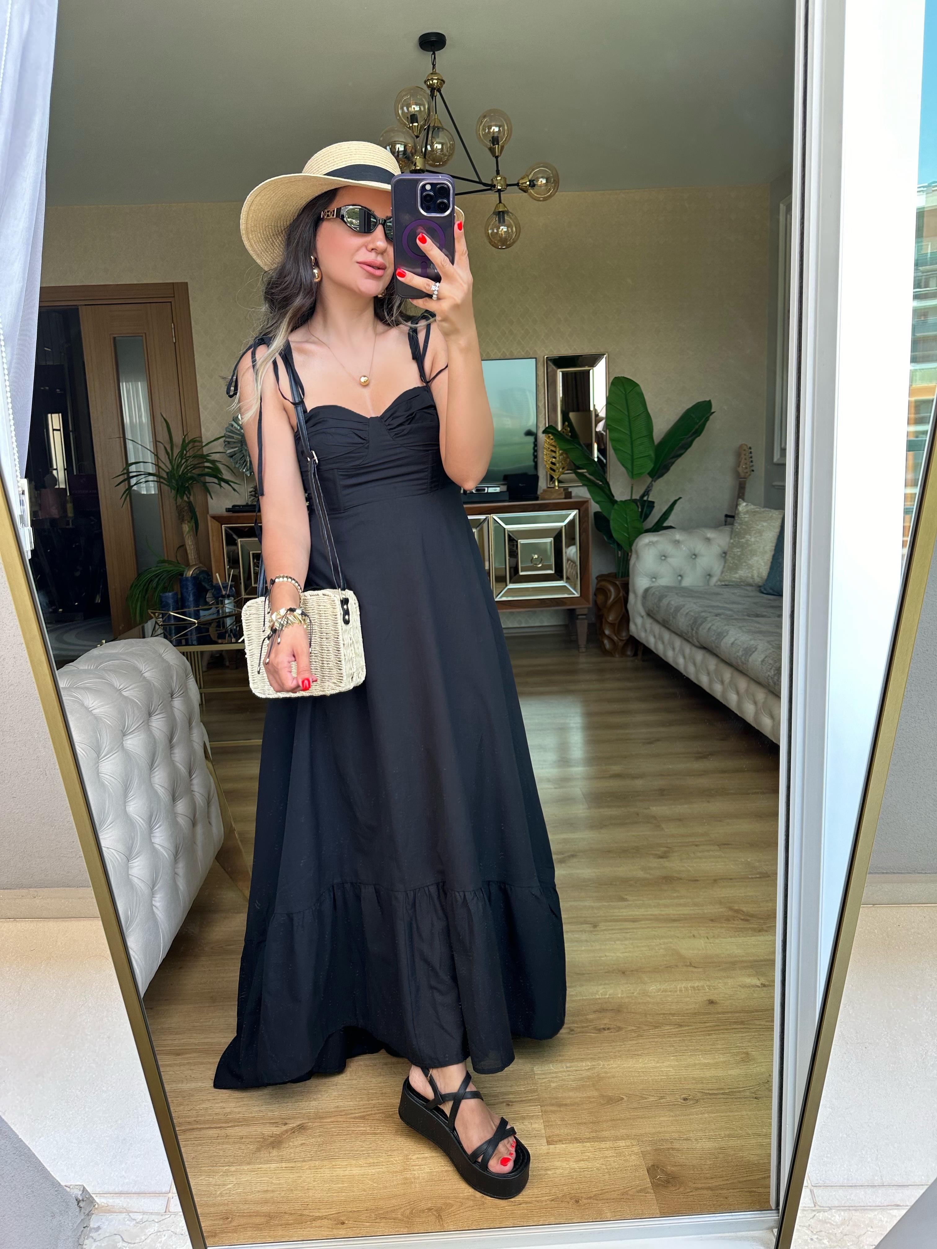 Siyah İp Askılı Bağlama Detaylı Elbise