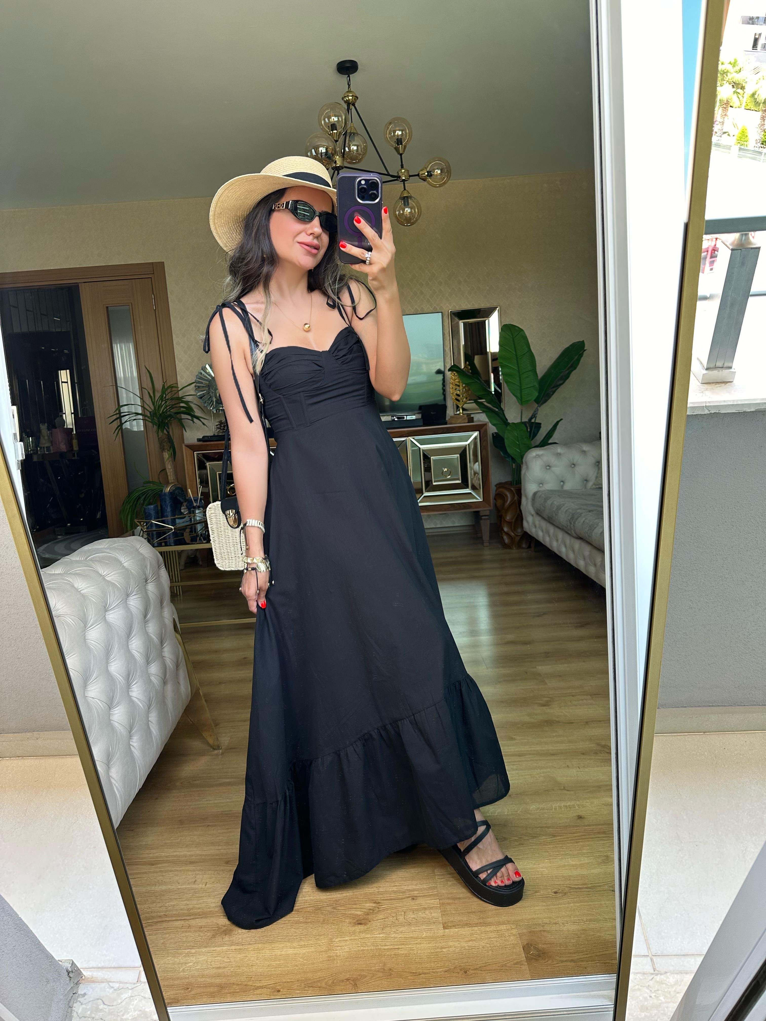 Siyah İp Askılı Bağlama Detaylı Elbise