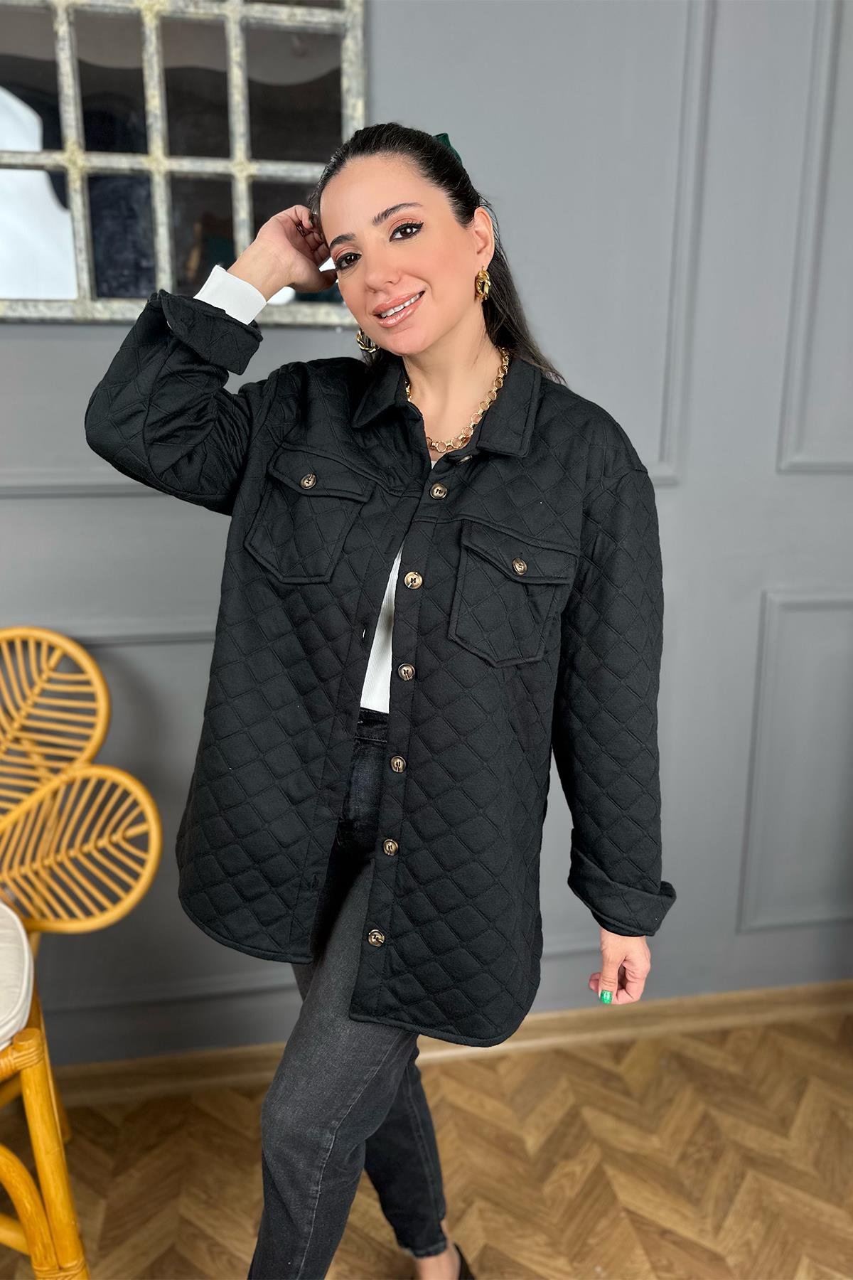 Siyah Kapitone Gömlek Ceket