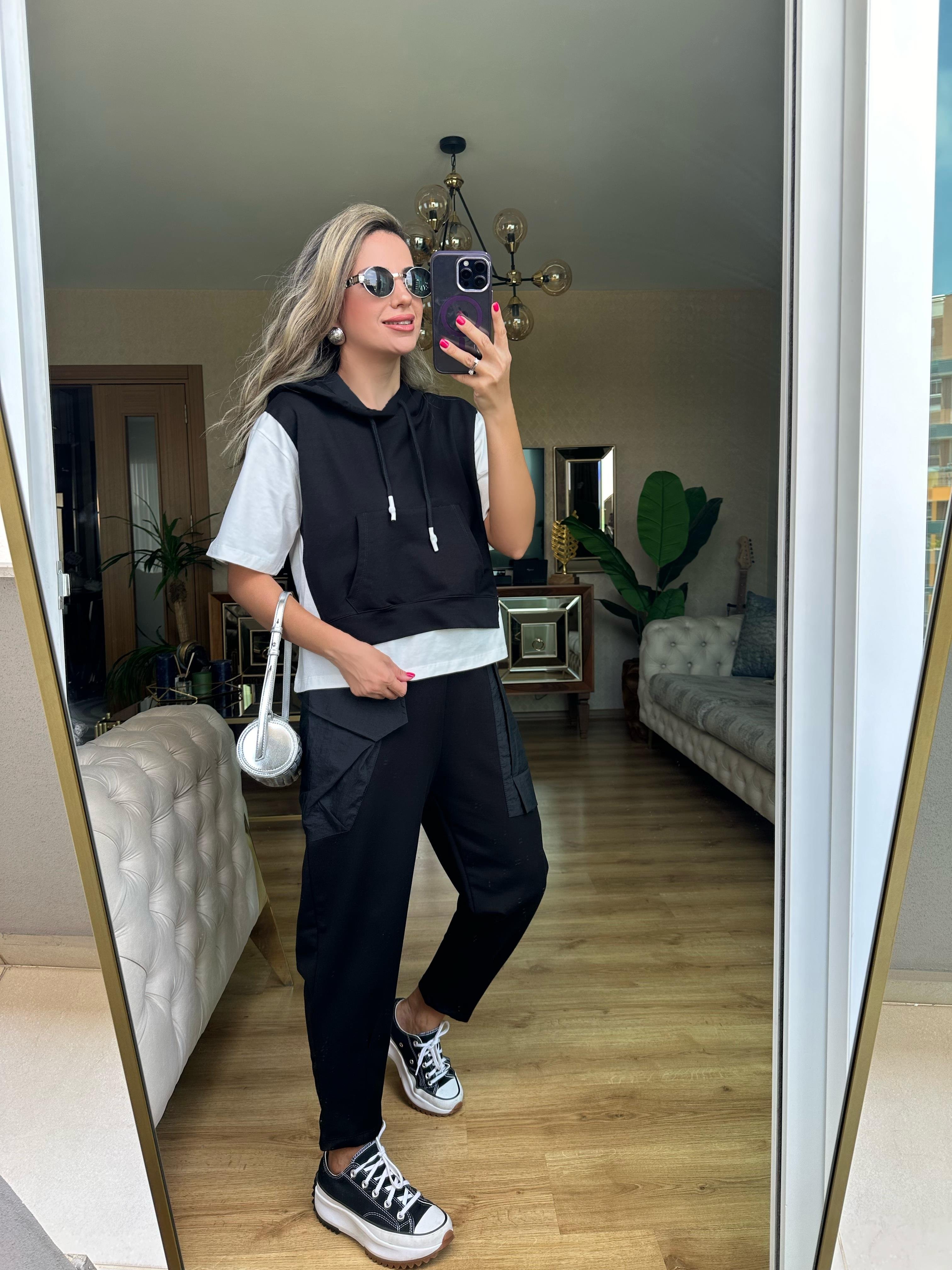 Siyah Kapşonlu Sweat Pantolon Takım