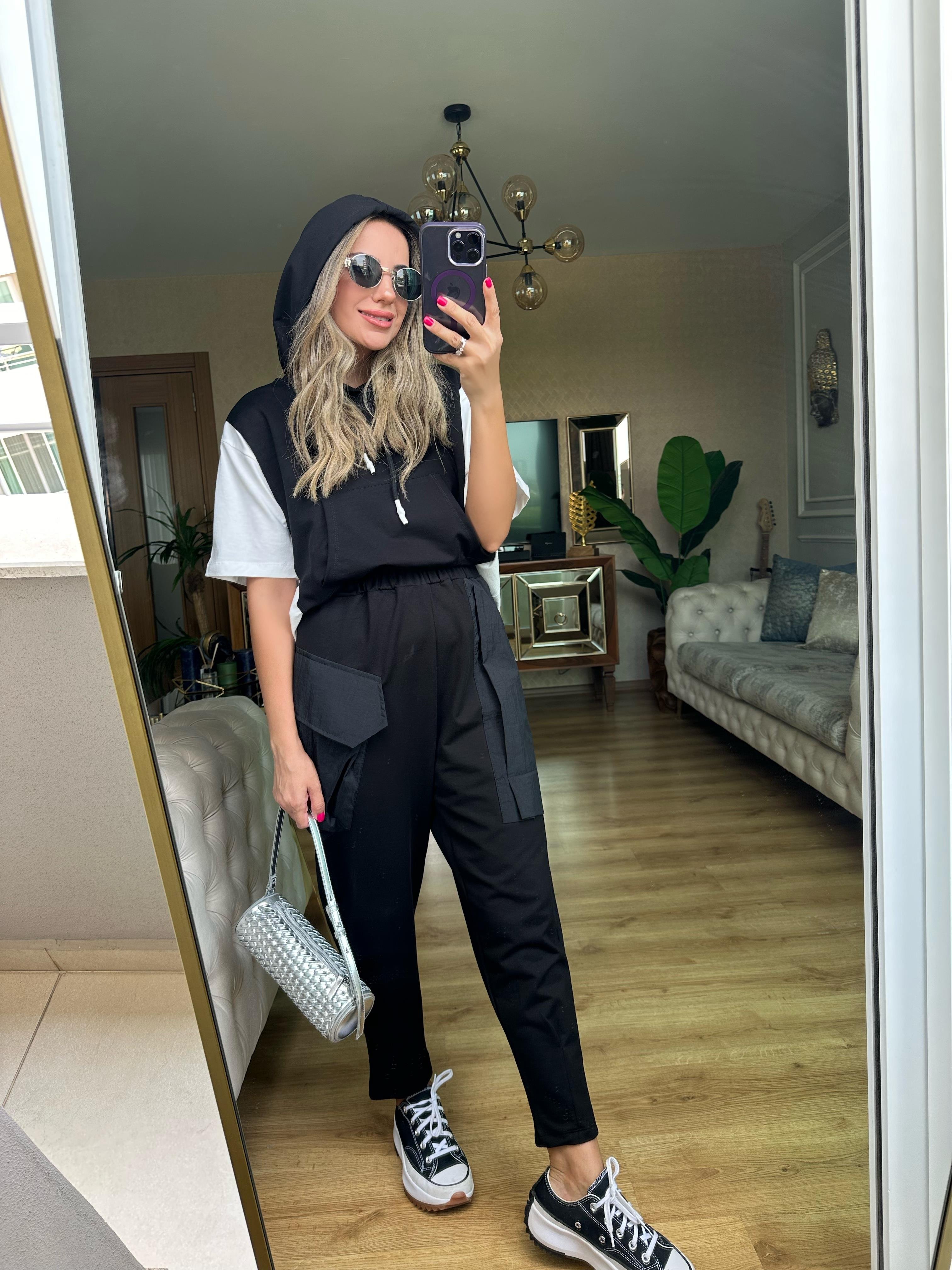 Siyah Kapşonlu Sweat Pantolon Takım