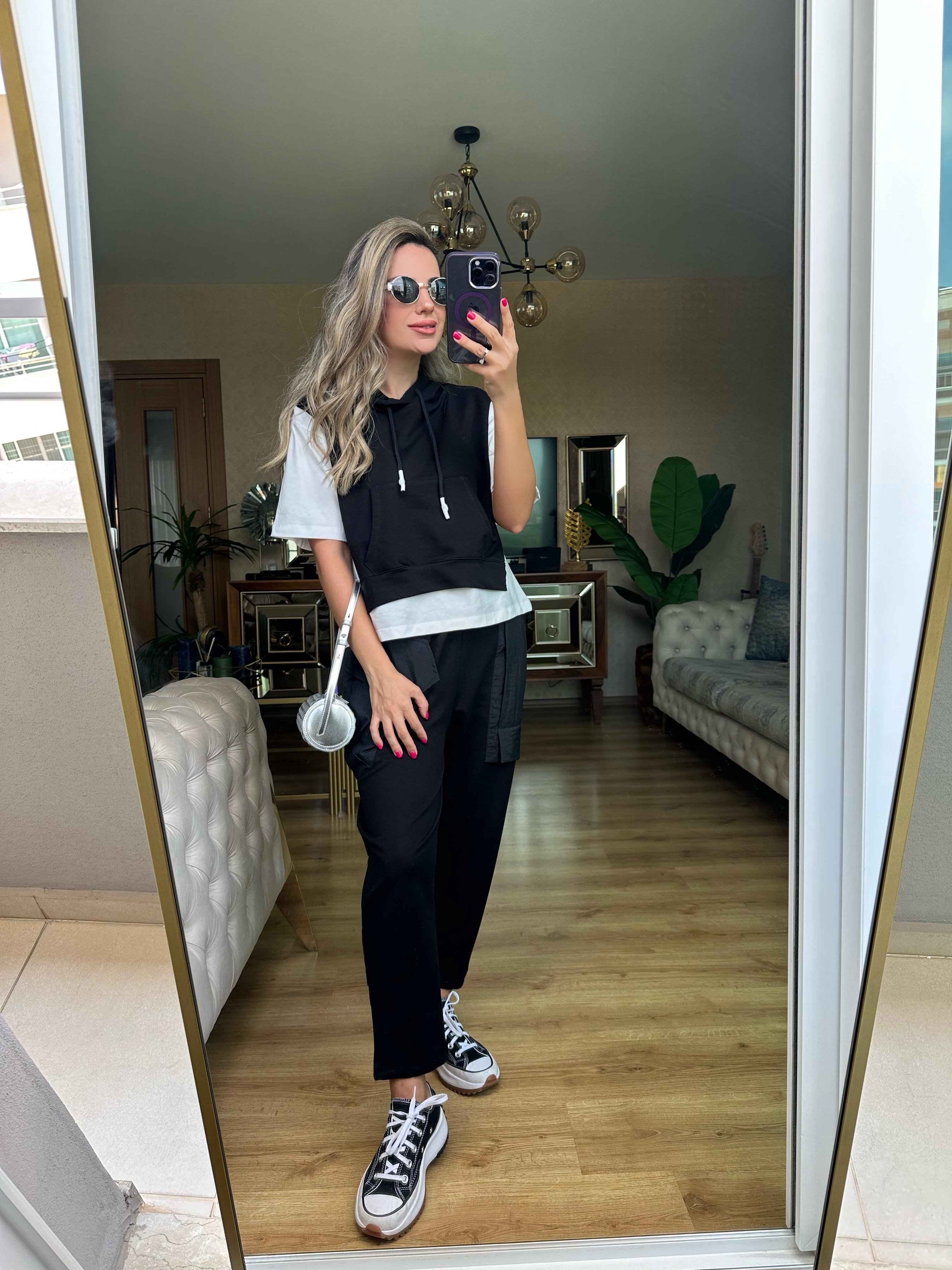 Siyah Kapşonlu Sweat Pantolon Takım