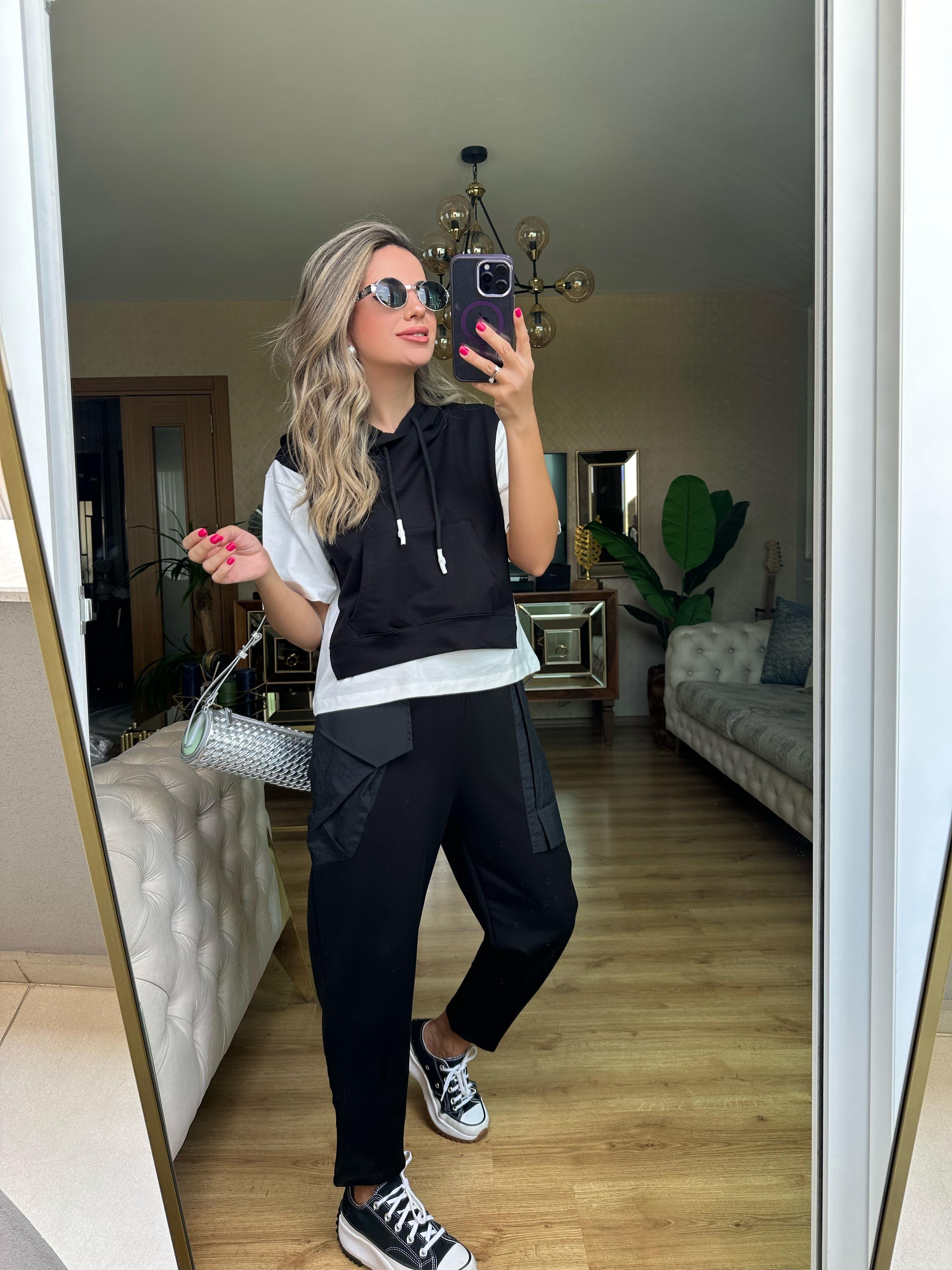 Siyah Kapşonlu Sweat Pantolon Takım
