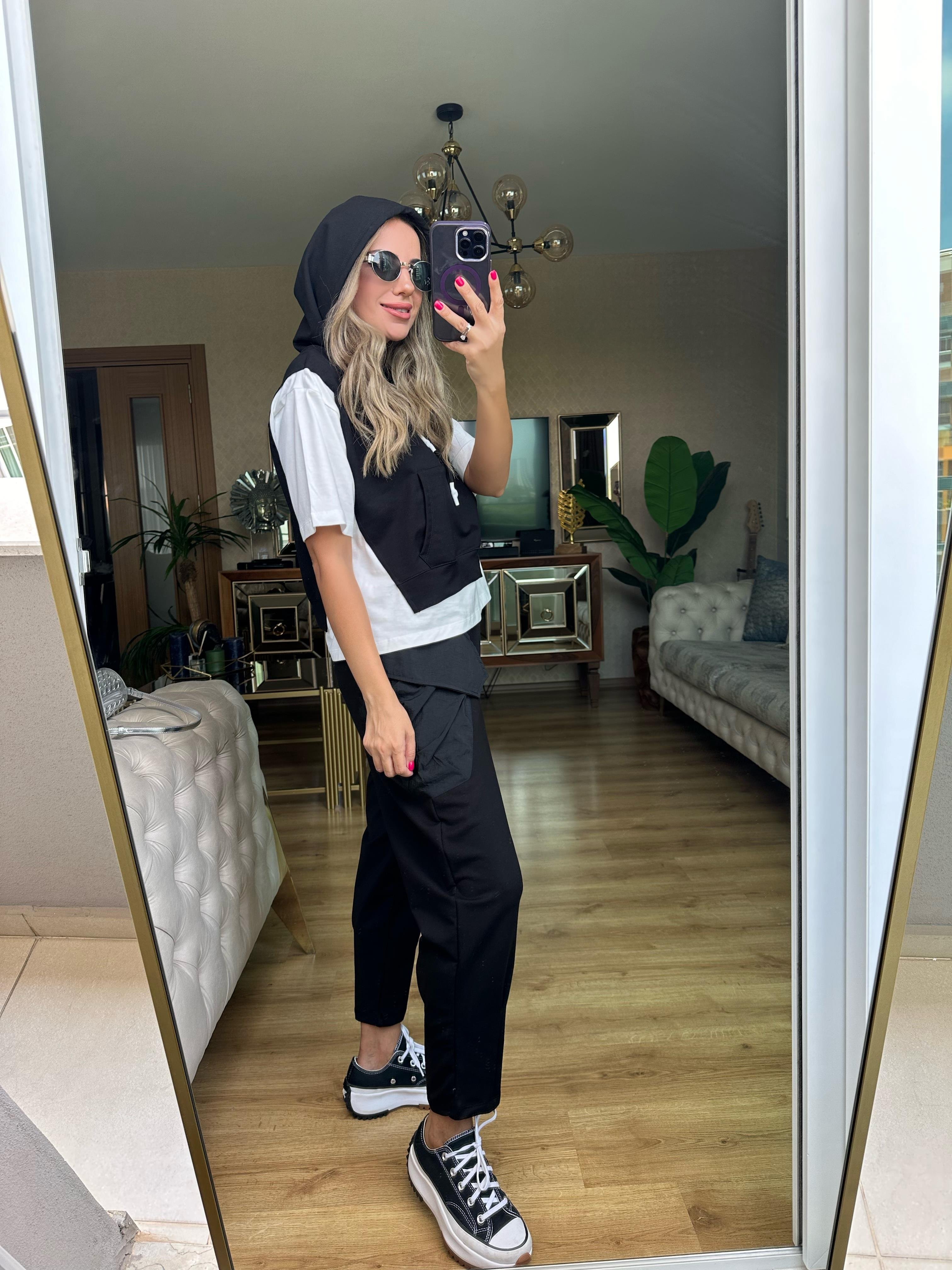Siyah Kapşonlu Sweat Pantolon Takım