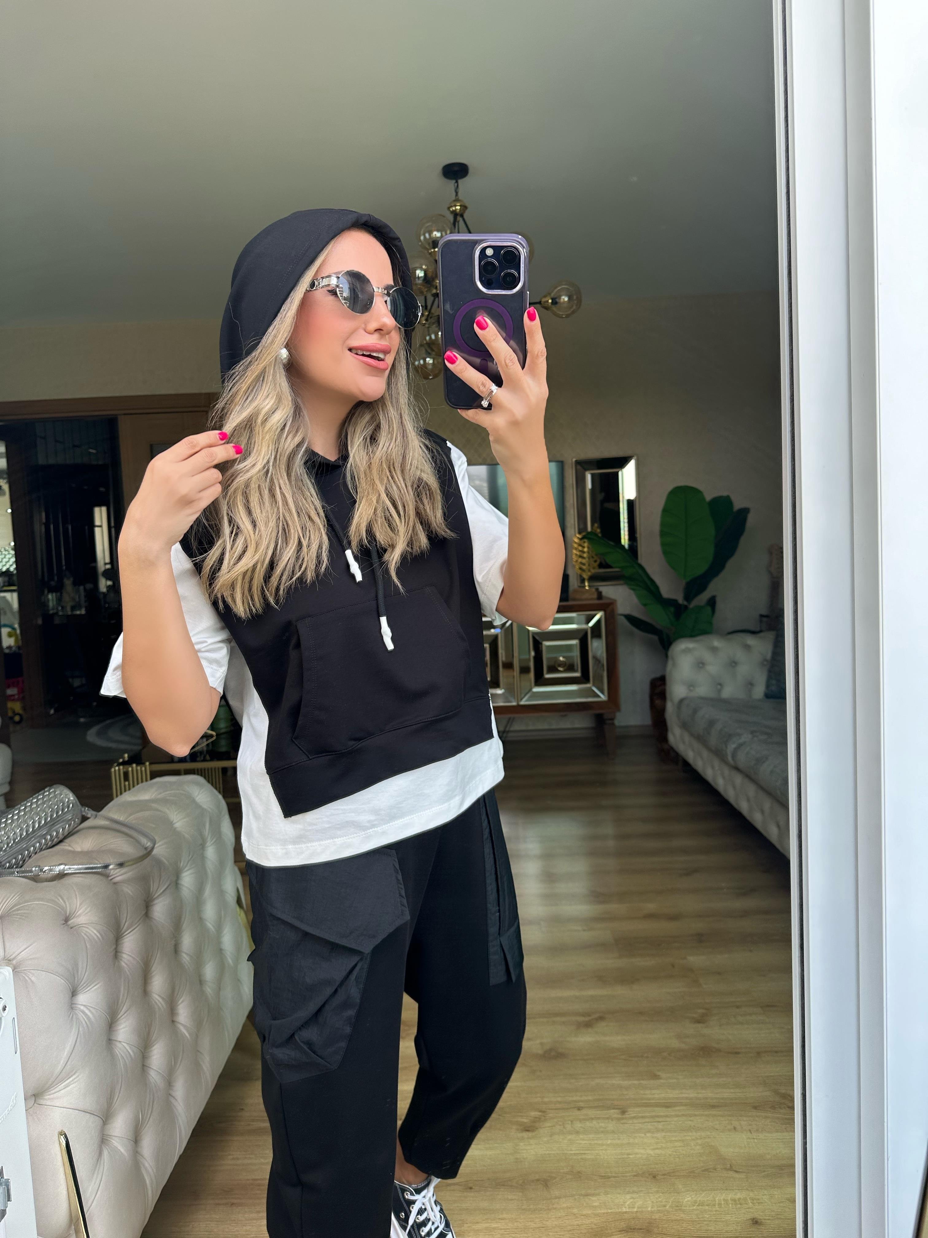 Siyah Kapşonlu Sweat Pantolon Takım