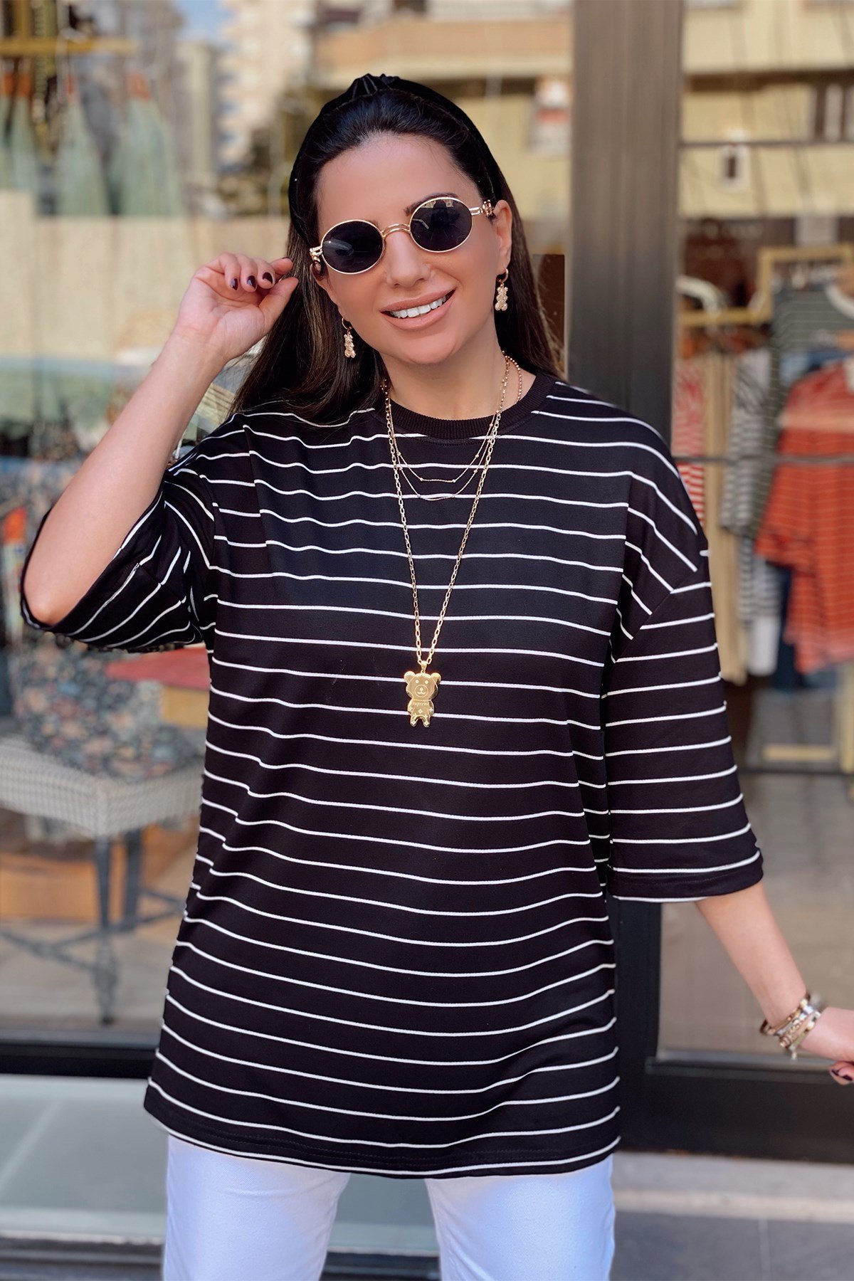 Siyah Kısa Kol Çizgili Tshirt