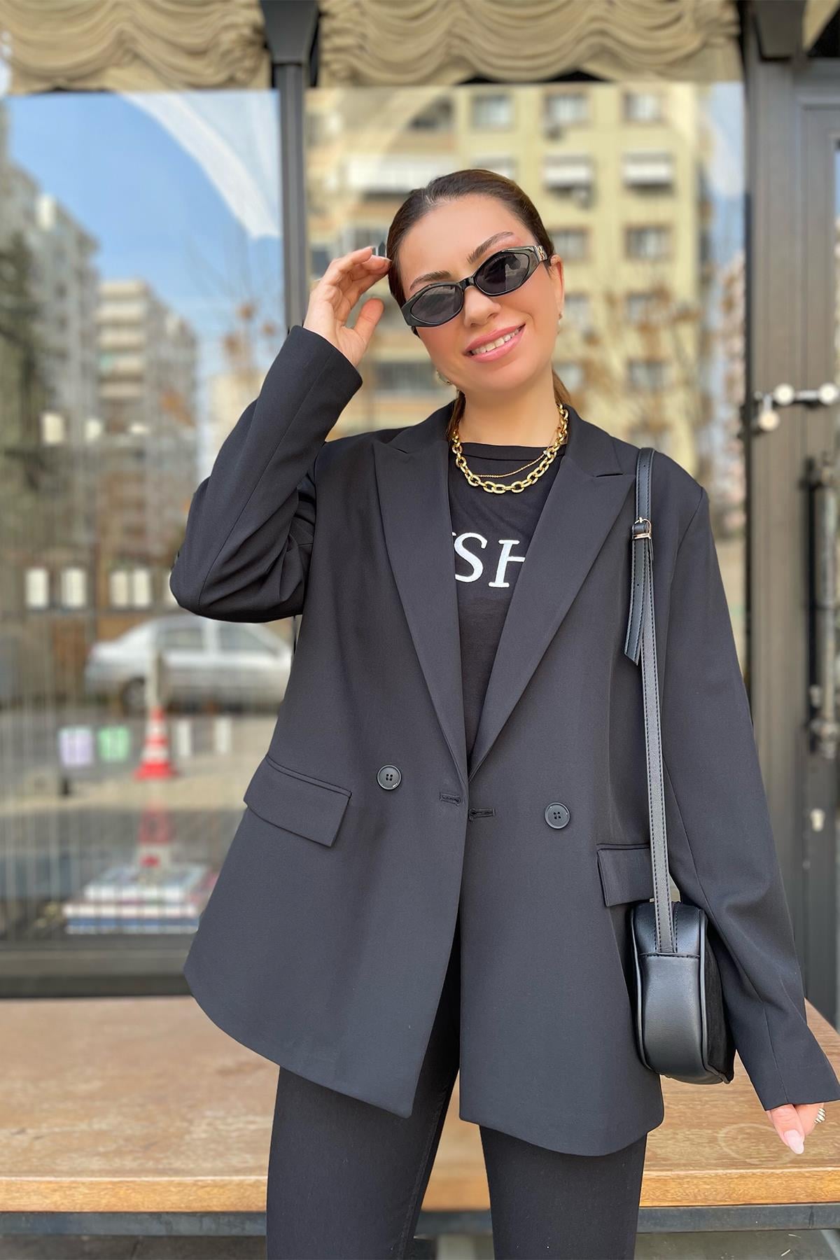 Siyah Kruvaze Blazer Ceket