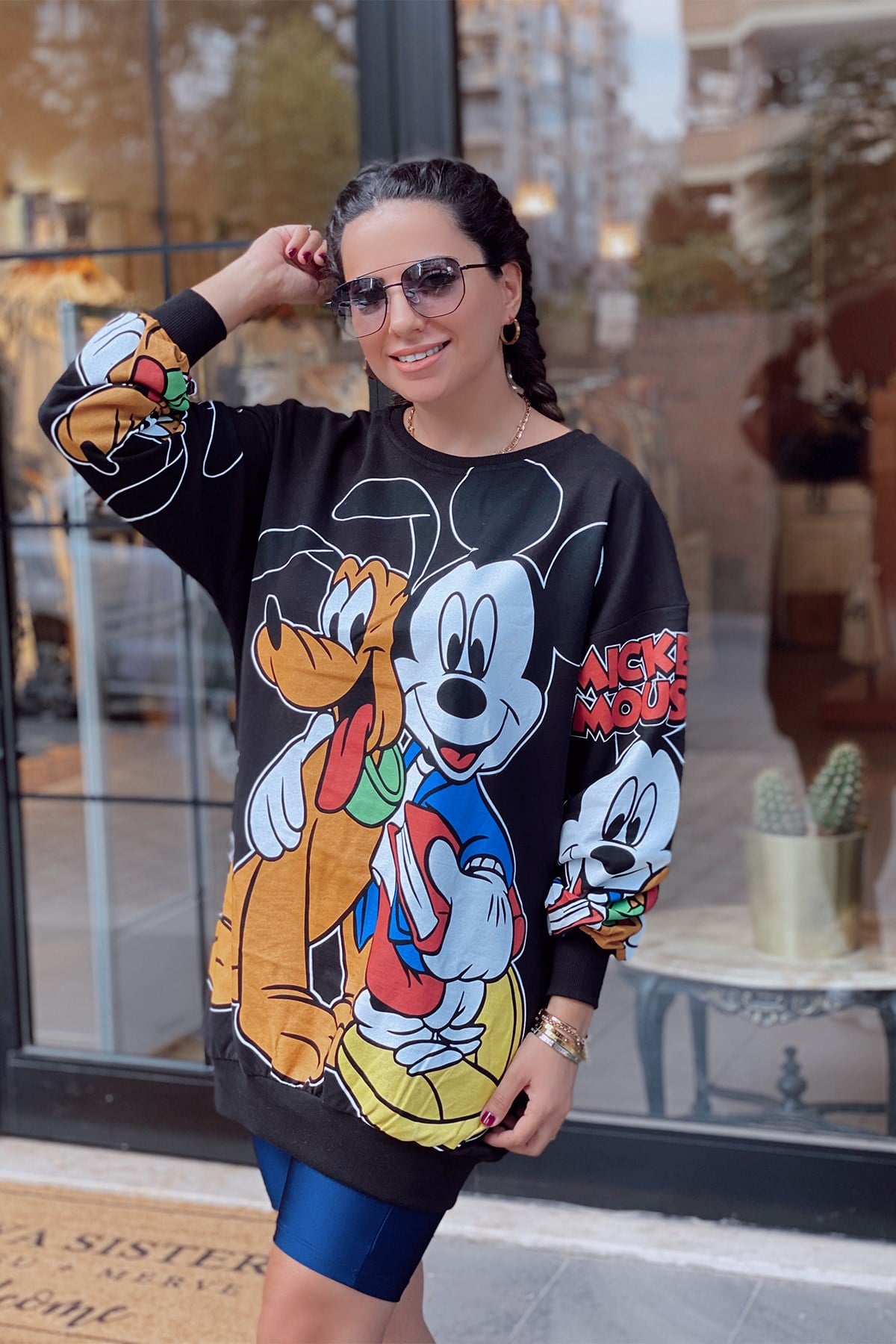 Siyah Mickey Mouse Uzun Sweatshirt