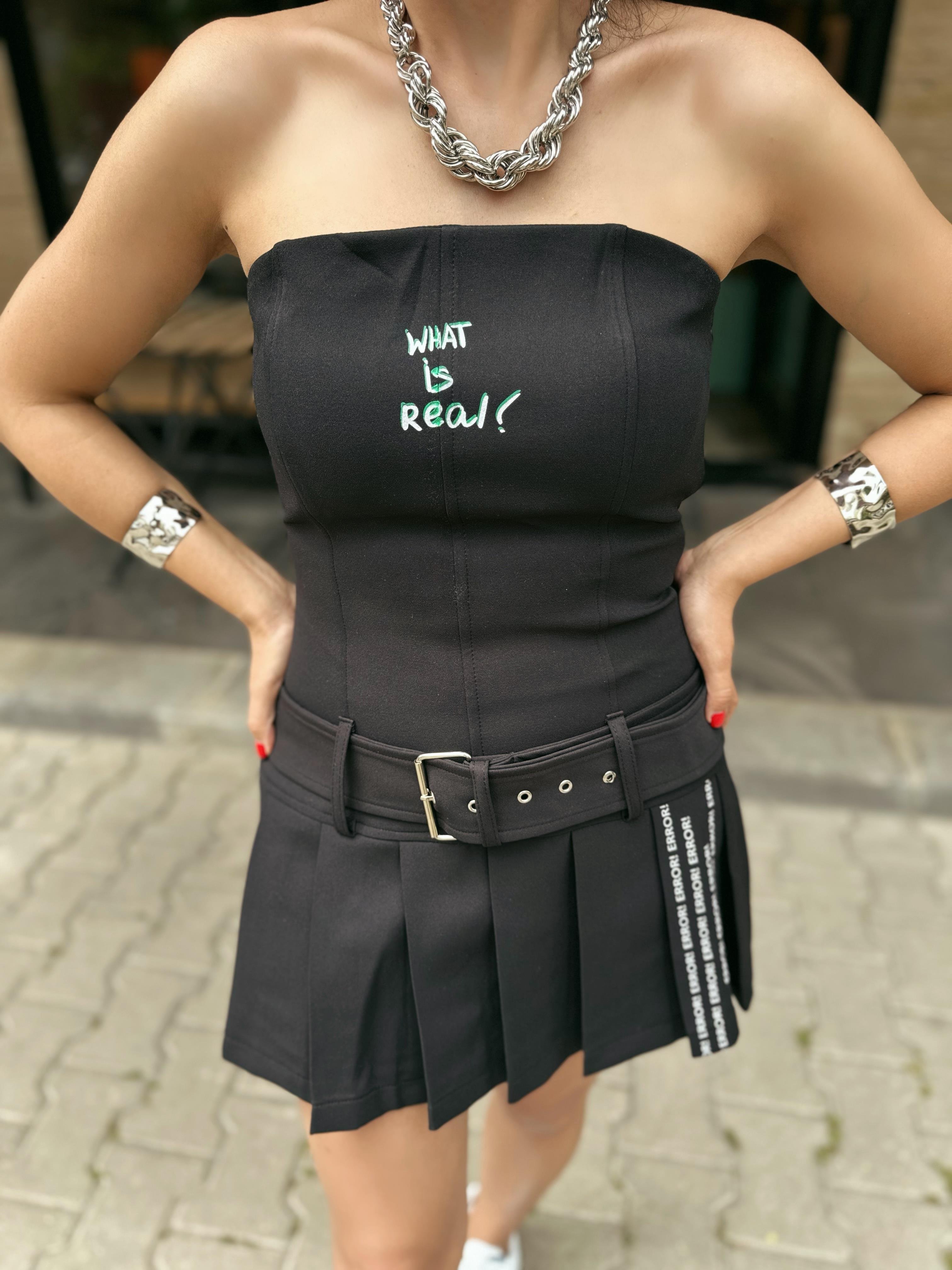 Siyah Mini Kemerli Pliseli Elbise
