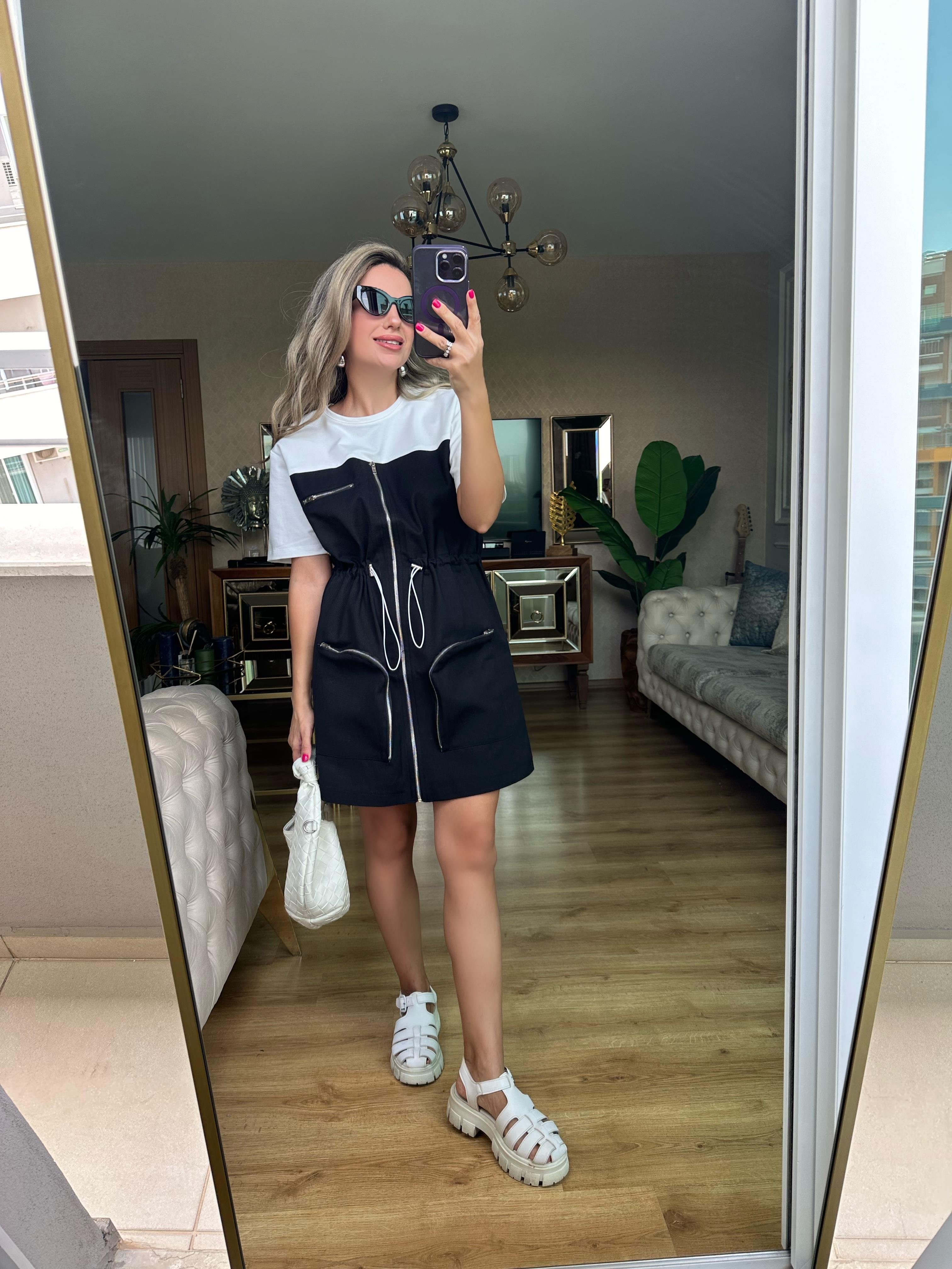Siyah Önden Fermuarlı Kontrast Elbise