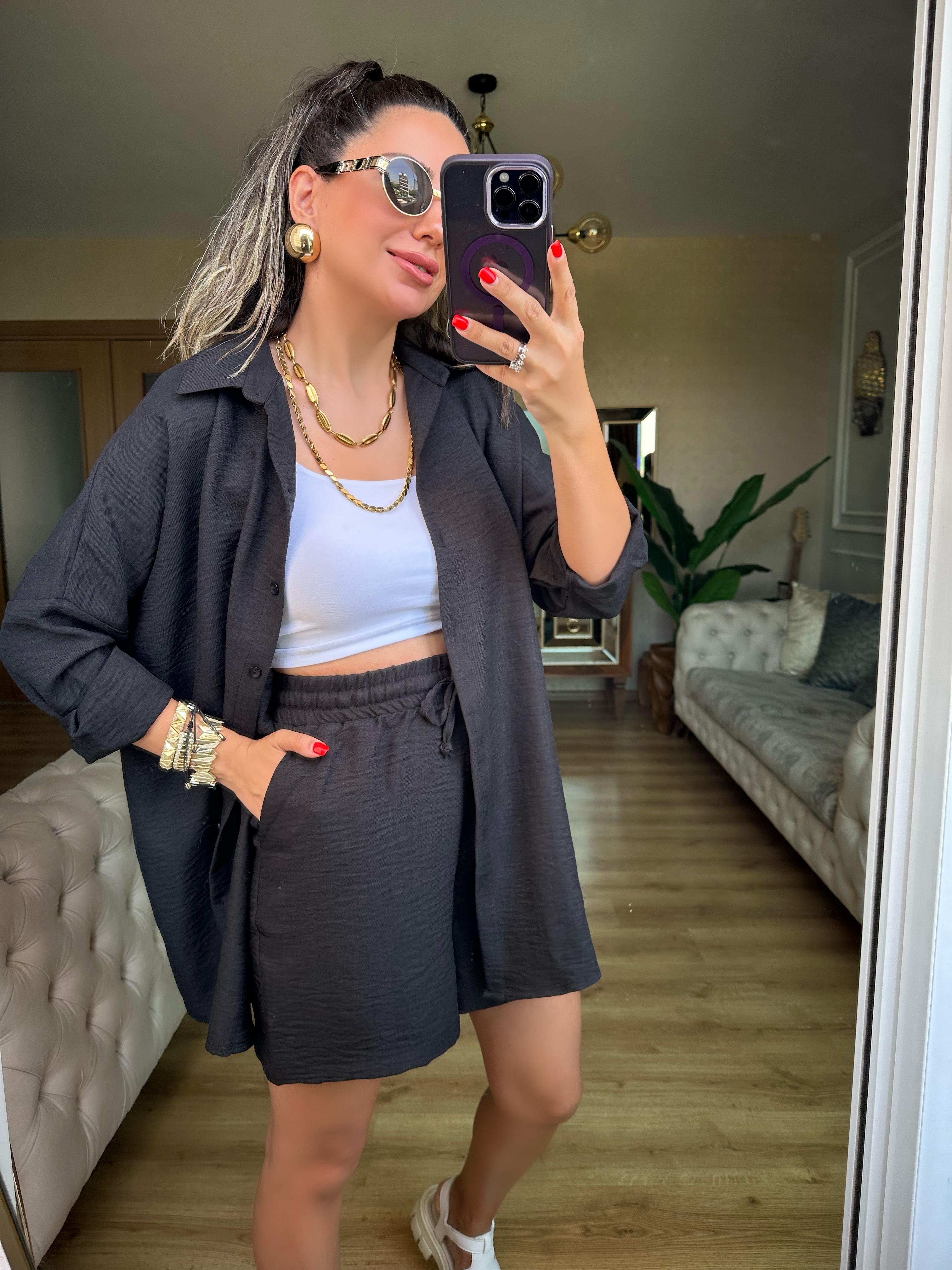 Siyah Orj Marka Şort Gömlek Takım