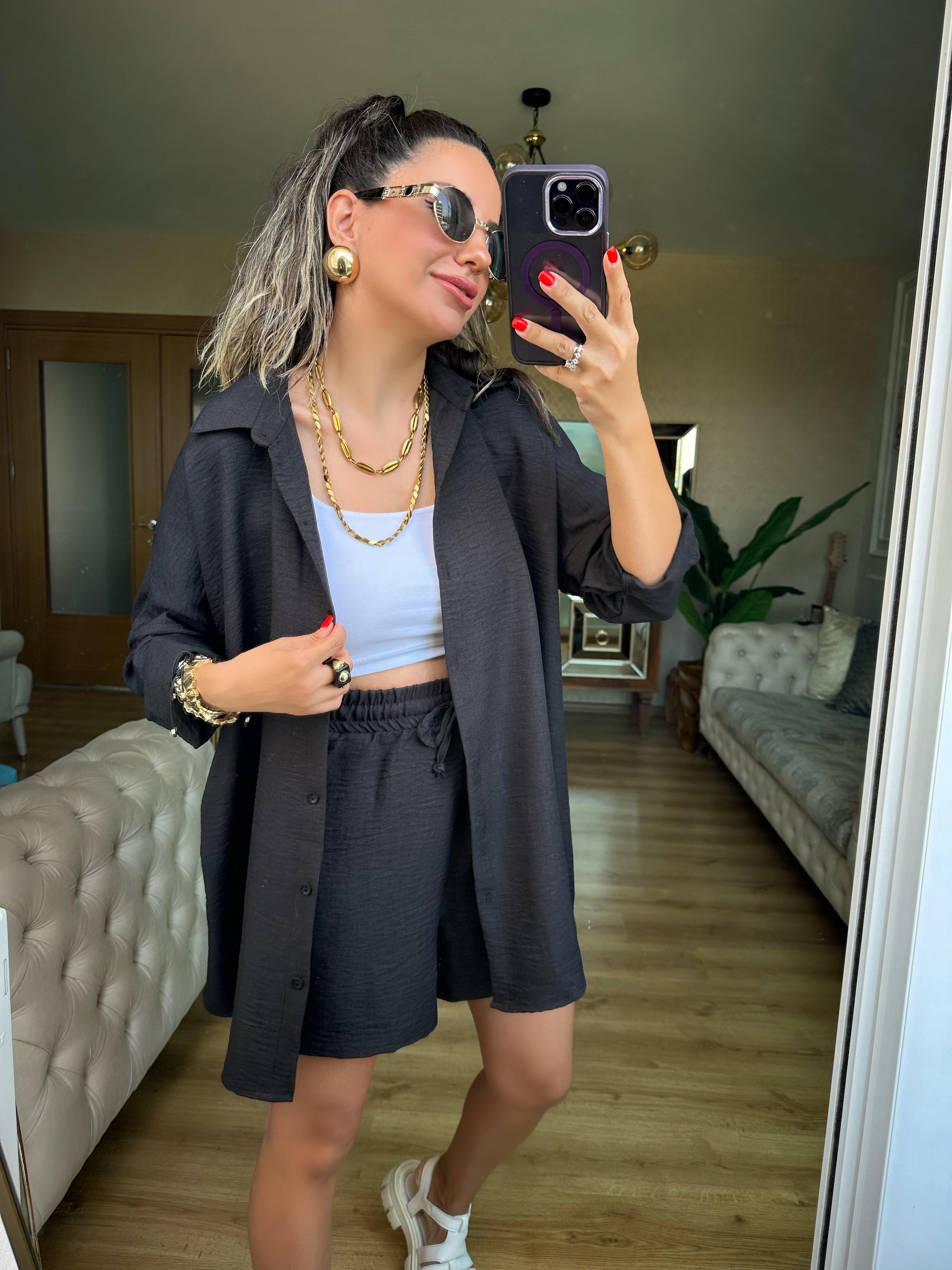 Siyah Orj Marka Şort Gömlek Takım