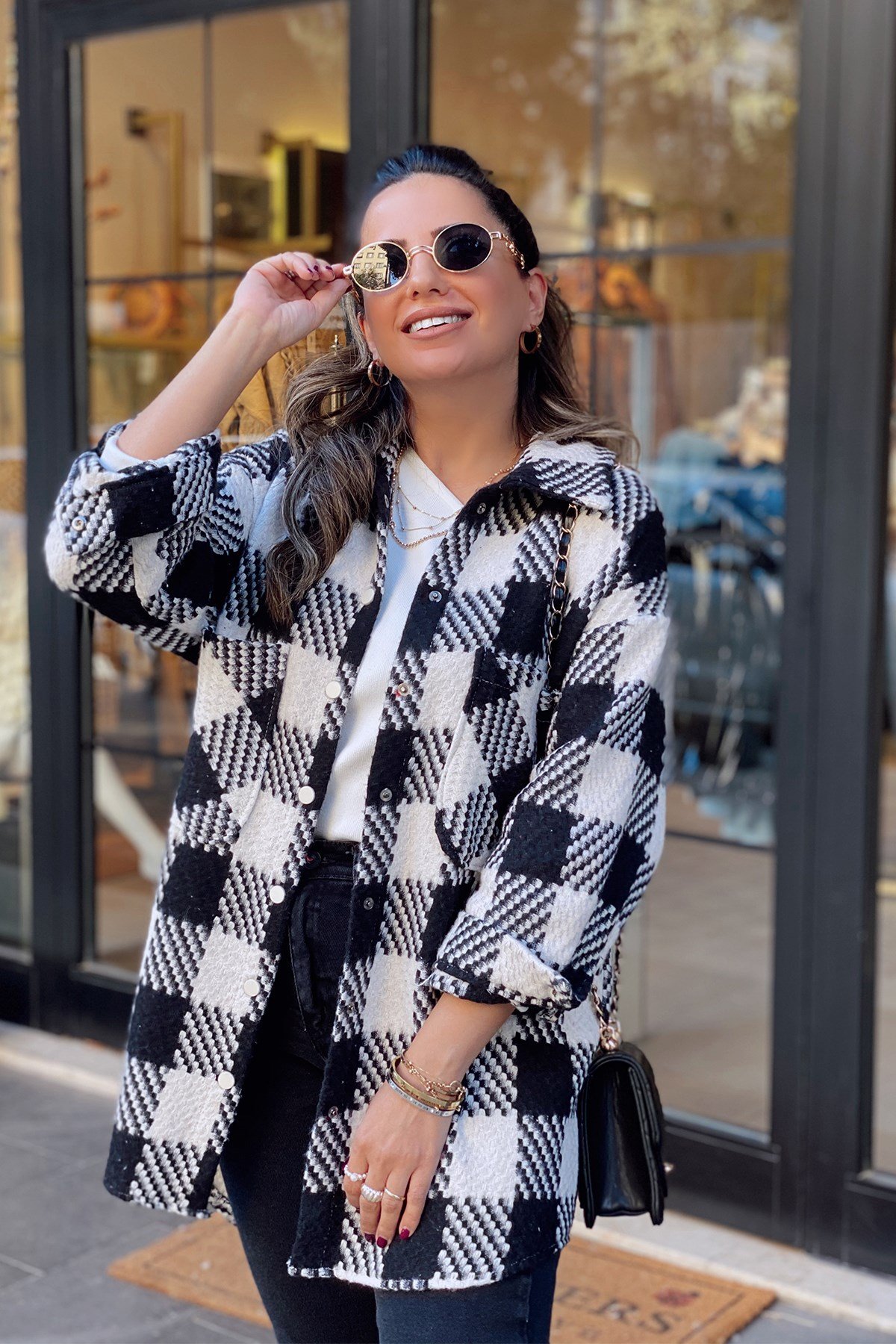 Siyah Oversize Cepli Ekose Gömlek Ceket