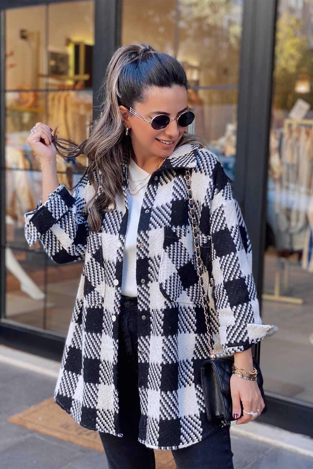 Siyah Oversize Cepli Ekose Gömlek Ceket