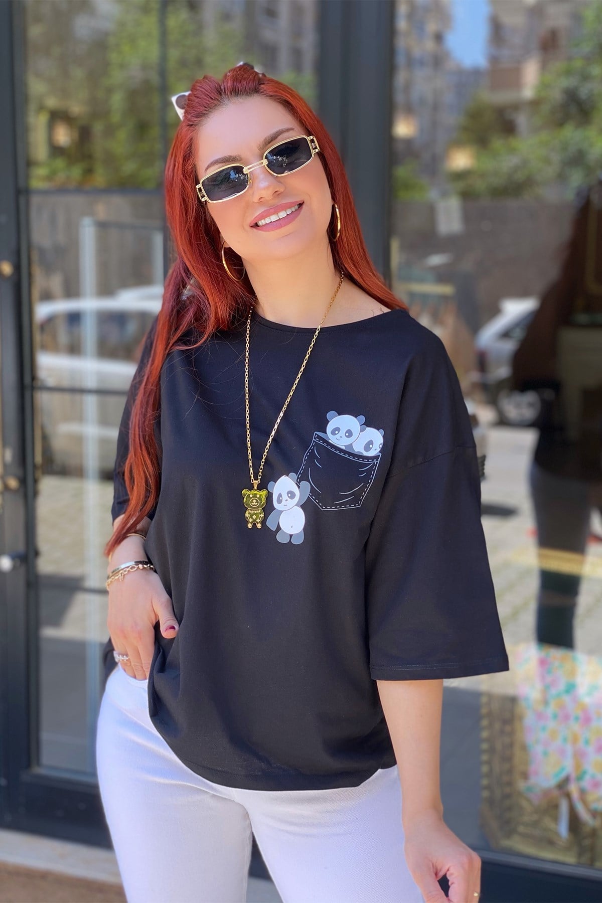 Siyah Panda Detaylı Tshirt