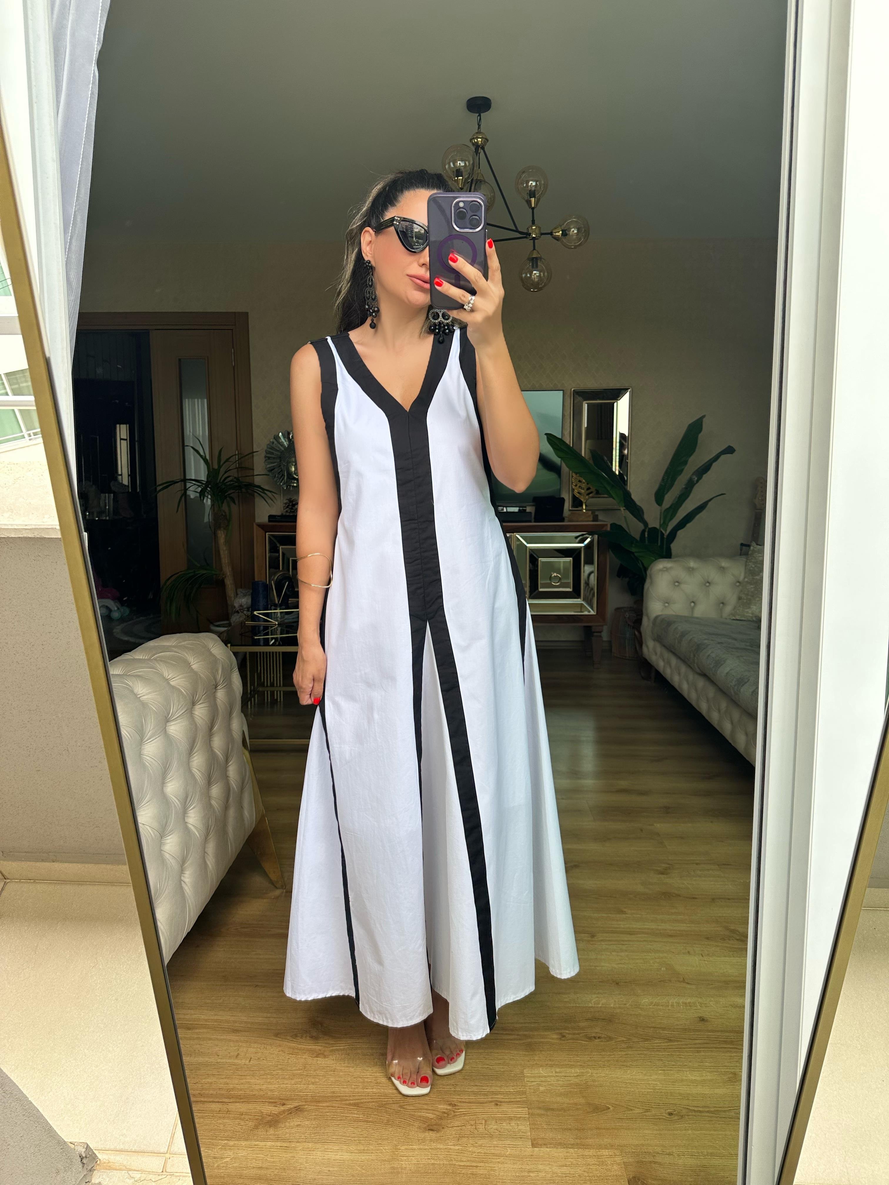 Siyah Şeritli Beyaz Poplin Elbise