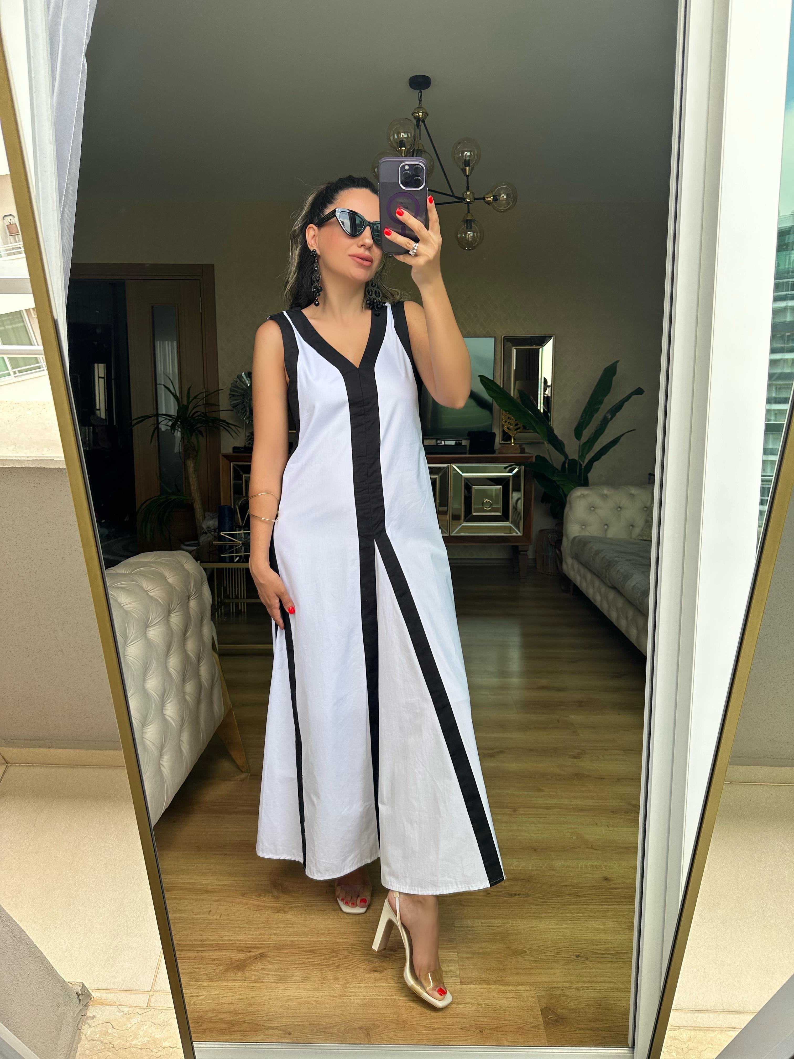 Siyah Şeritli Beyaz Poplin Elbise