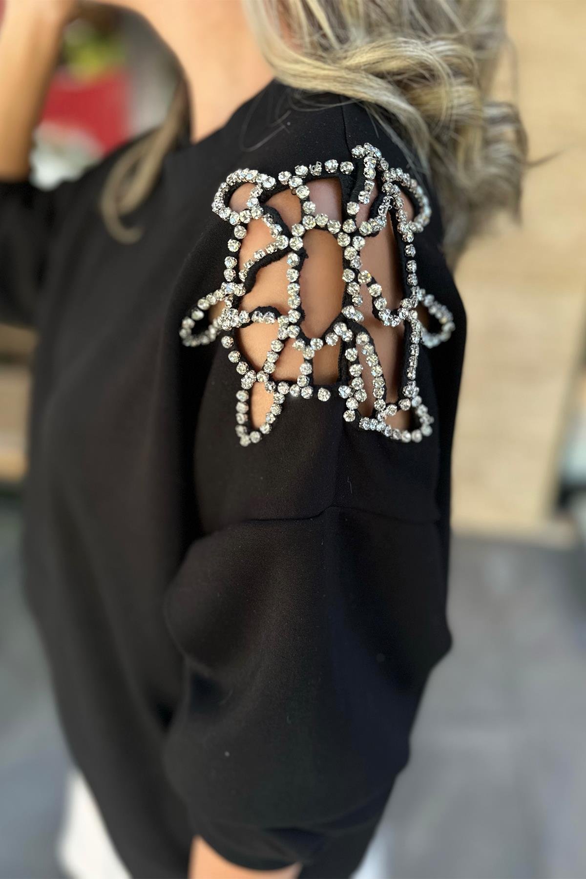 Siyah Taş İşlemeli Sweatshirt