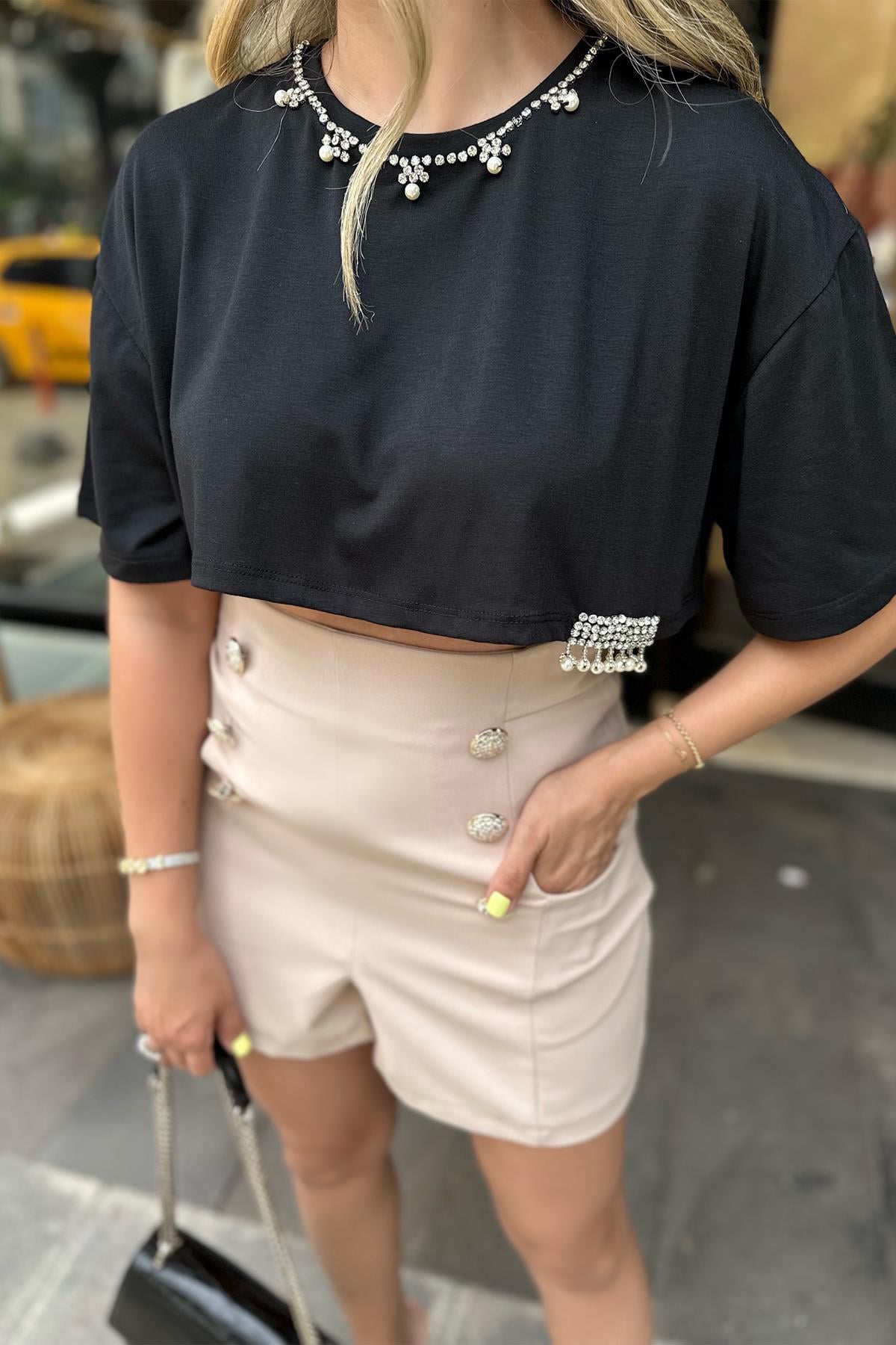 Siyah Taşlı İncili Crop Tshirt
