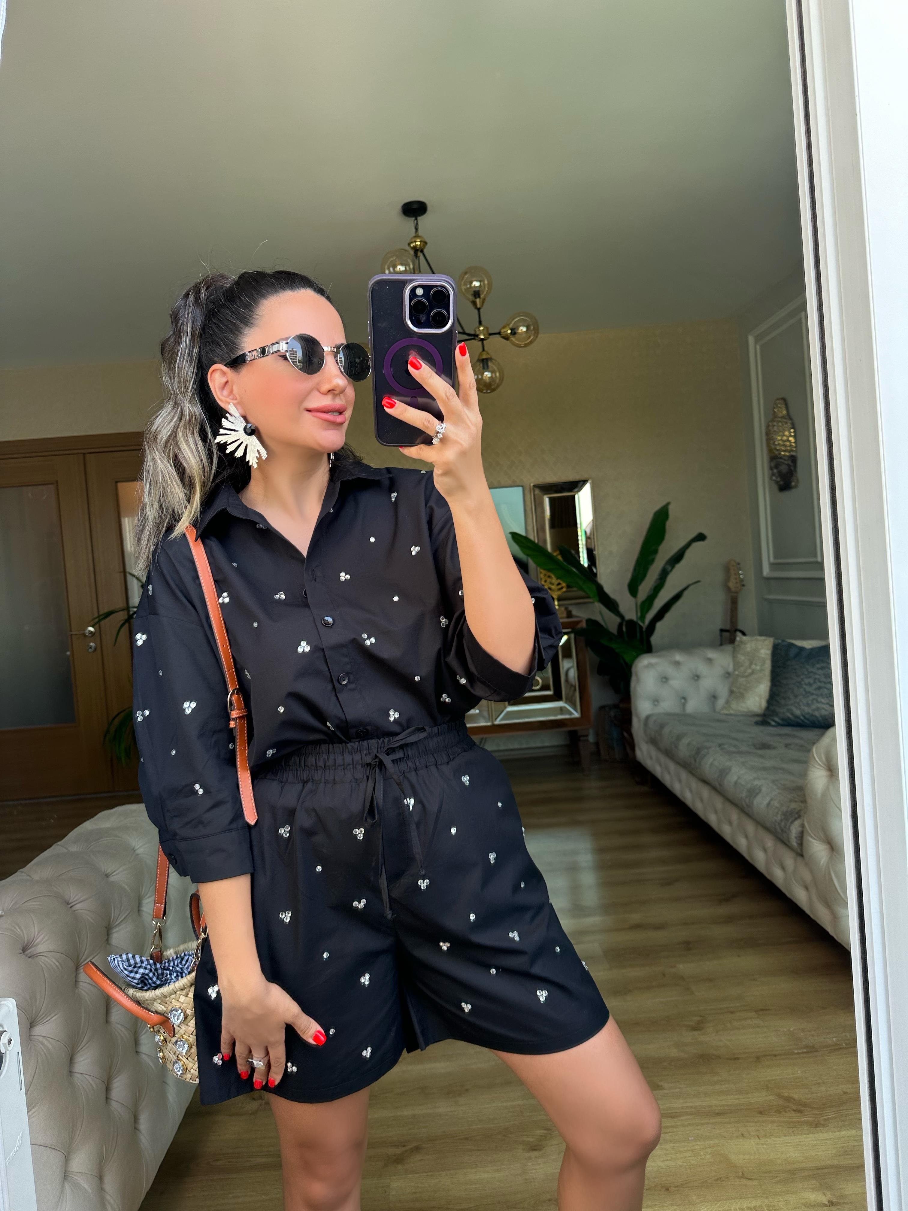 Siyah Taşlı Poplin Şort Gömlek Takım