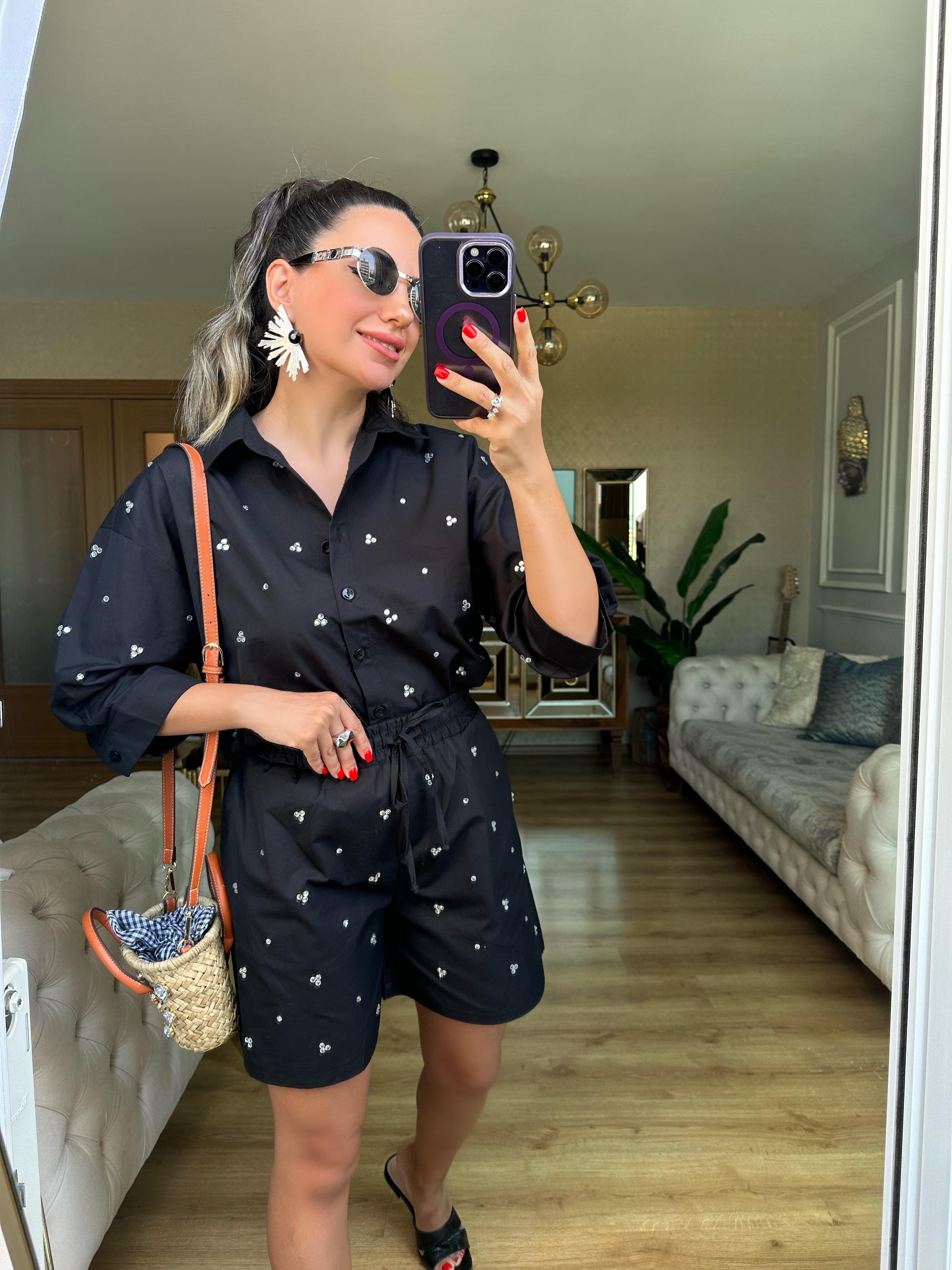 Siyah Taşlı Poplin Şort Gömlek Takım