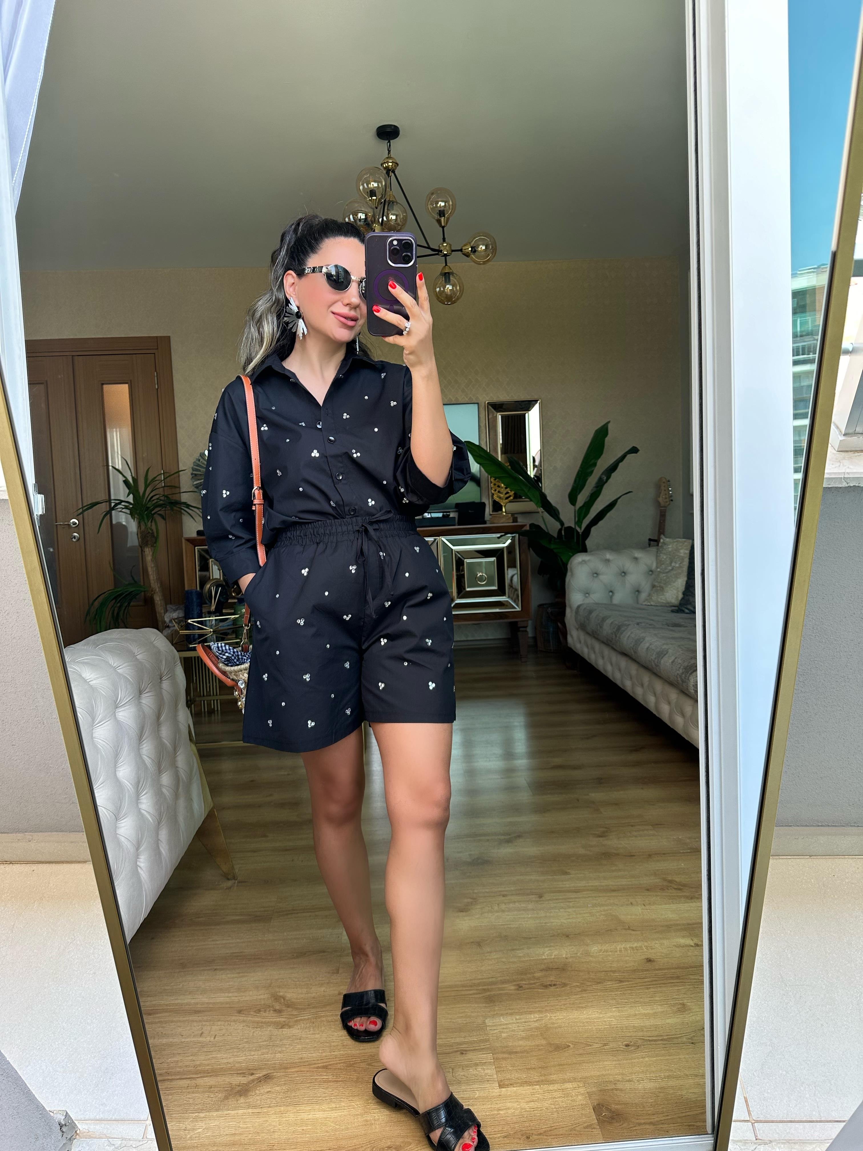 Siyah Taşlı Poplin Şort Gömlek Takım