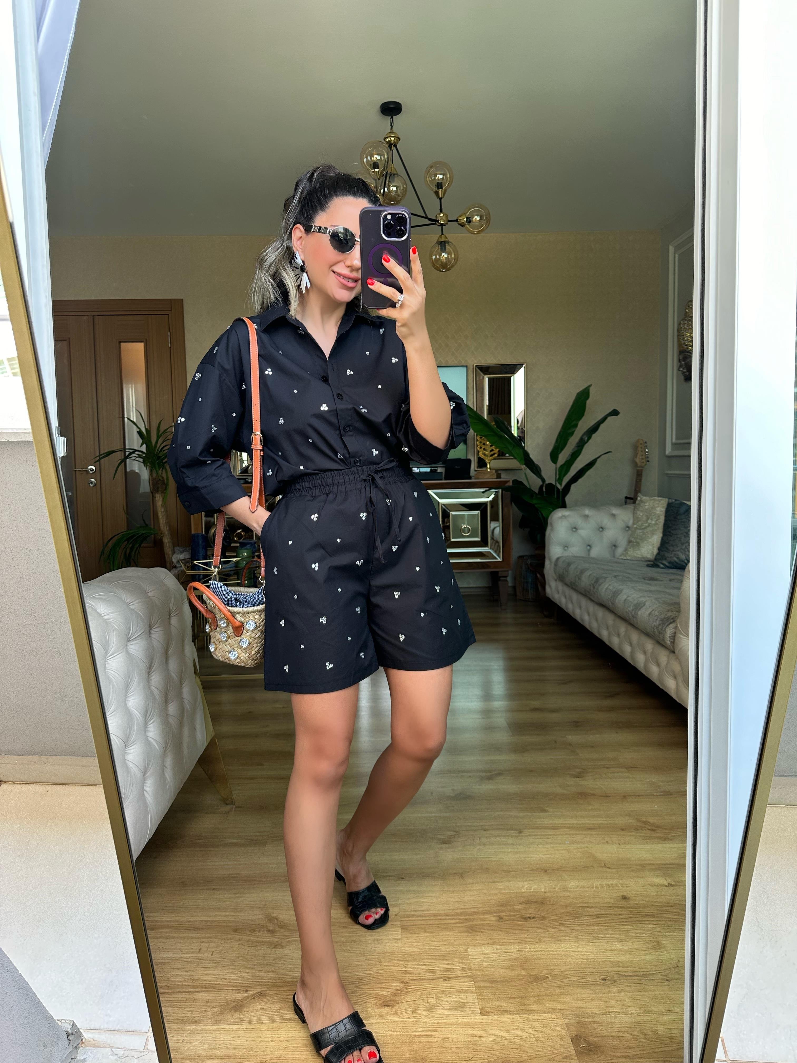 Siyah Taşlı Poplin Şort Gömlek Takım