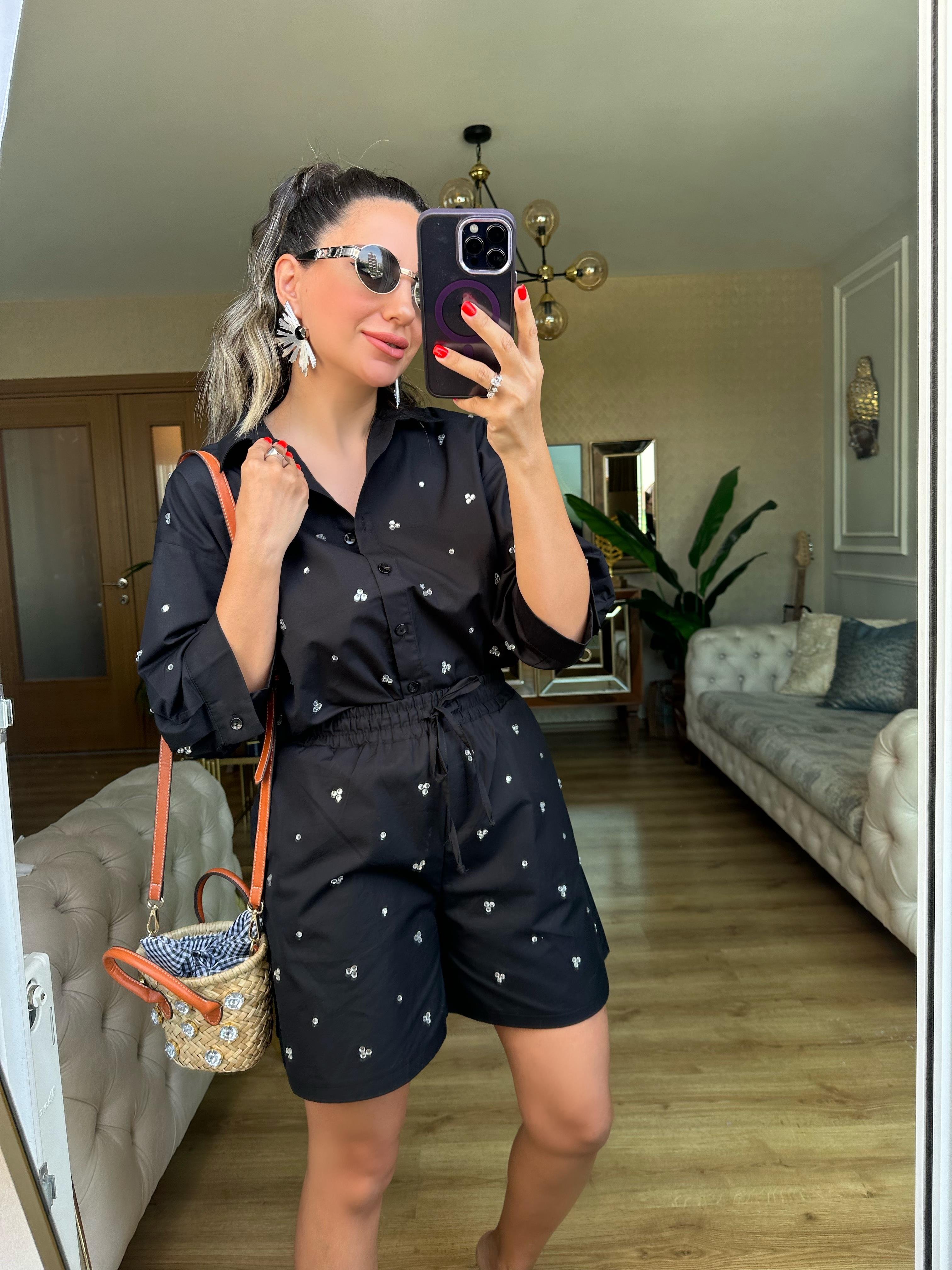 Siyah Taşlı Poplin Şort Gömlek Takım