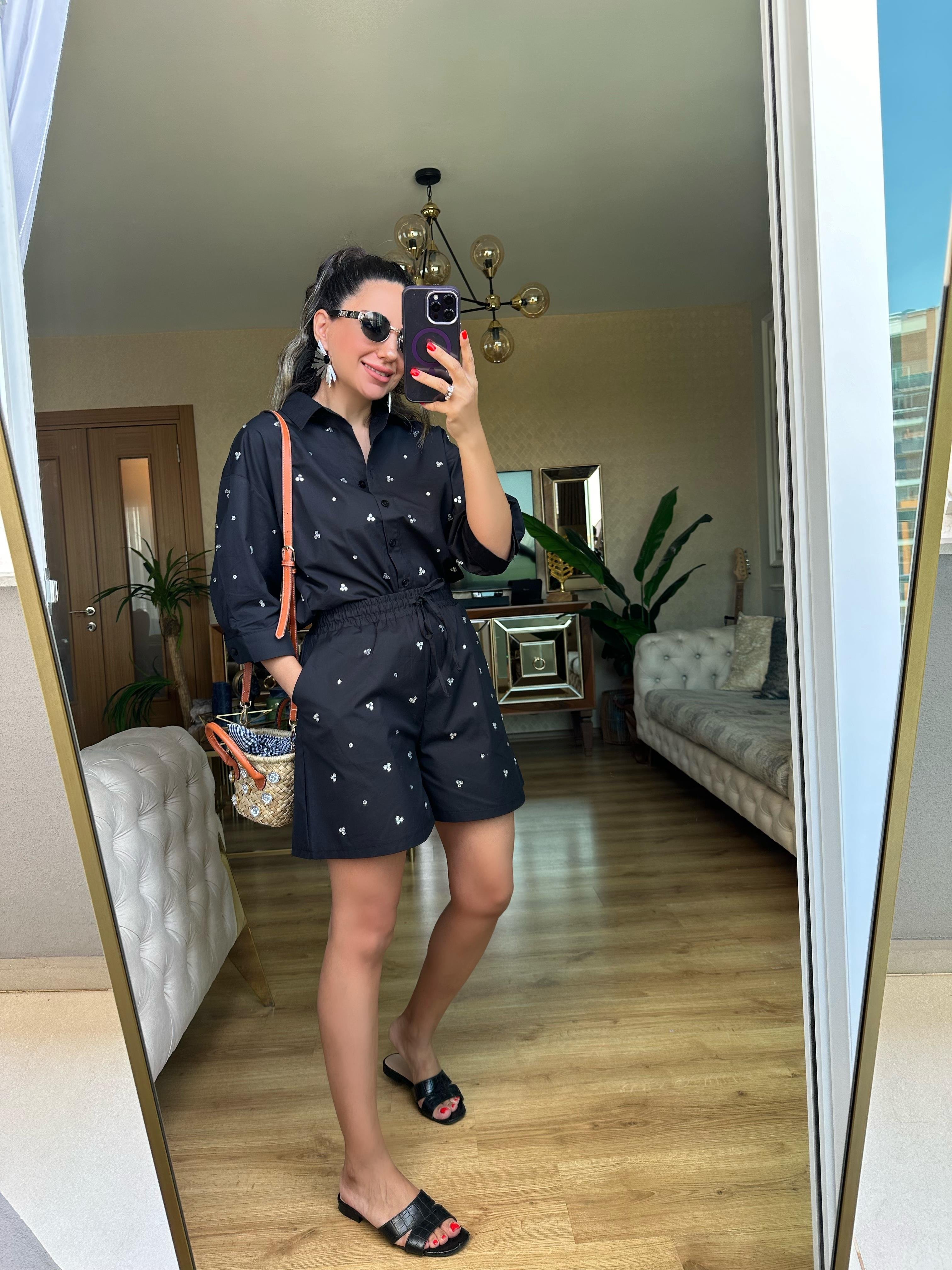 Siyah Taşlı Poplin Şort Gömlek Takım