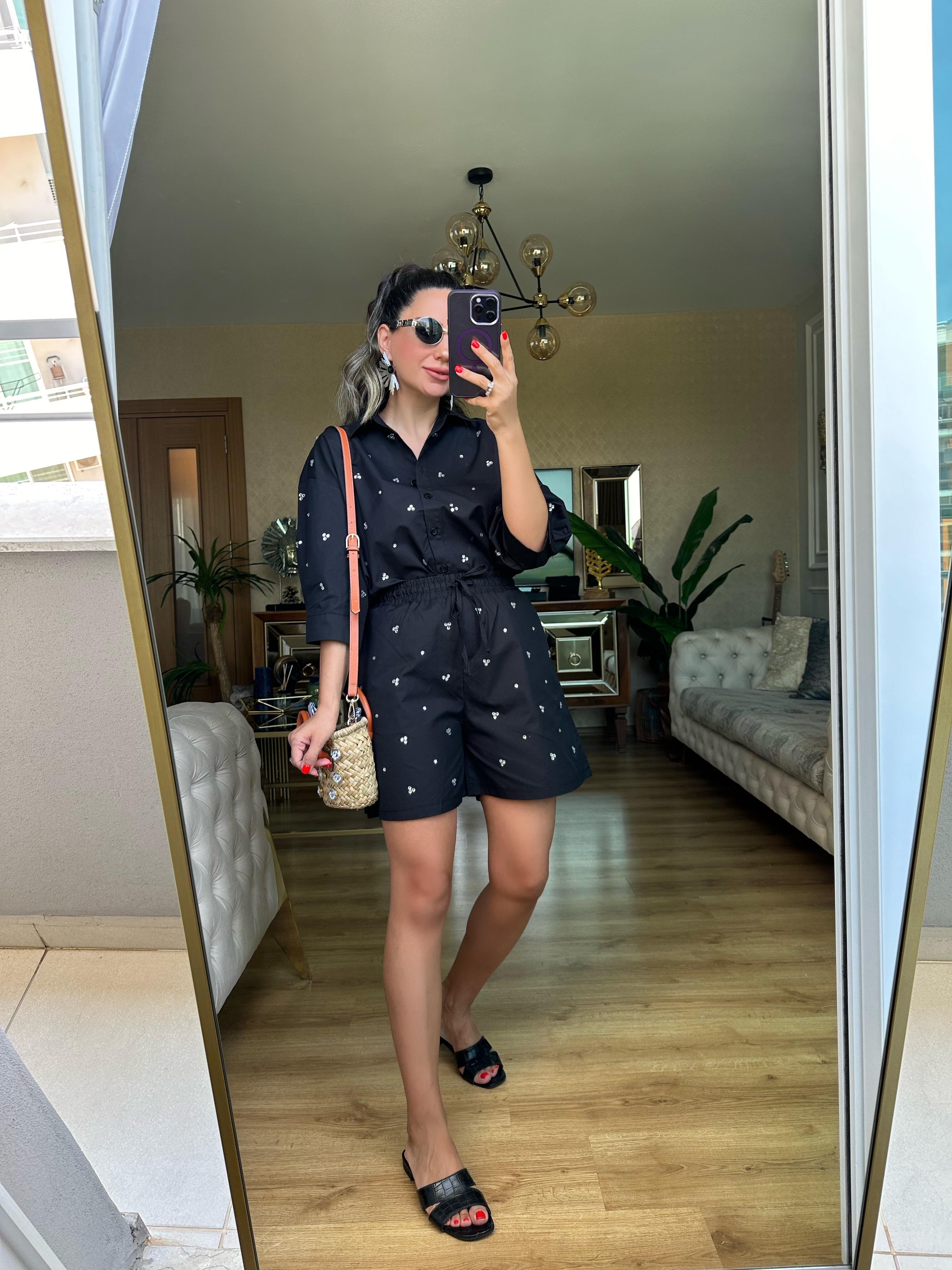 Siyah Taşlı Poplin Şort Gömlek Takım