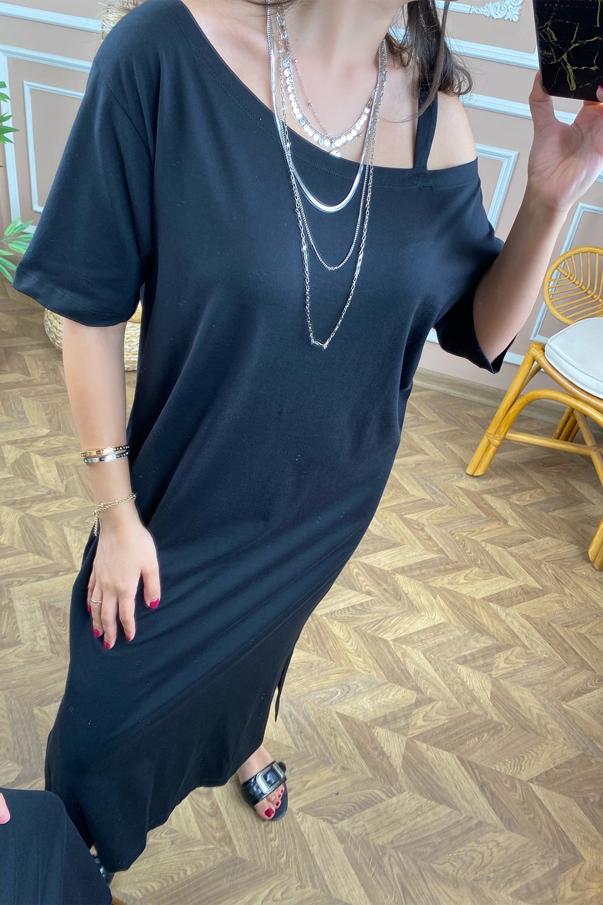 Siyah Tek Omuz Basic Elbise