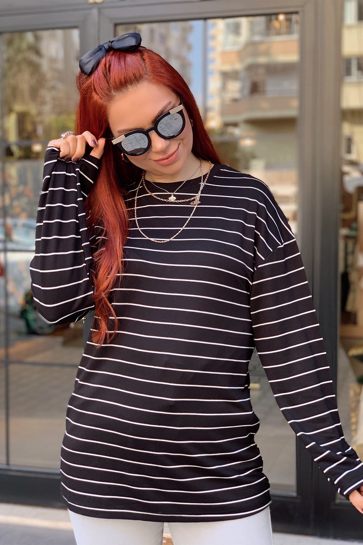 Siyah Uzun Kol Çizgili Tshirt
