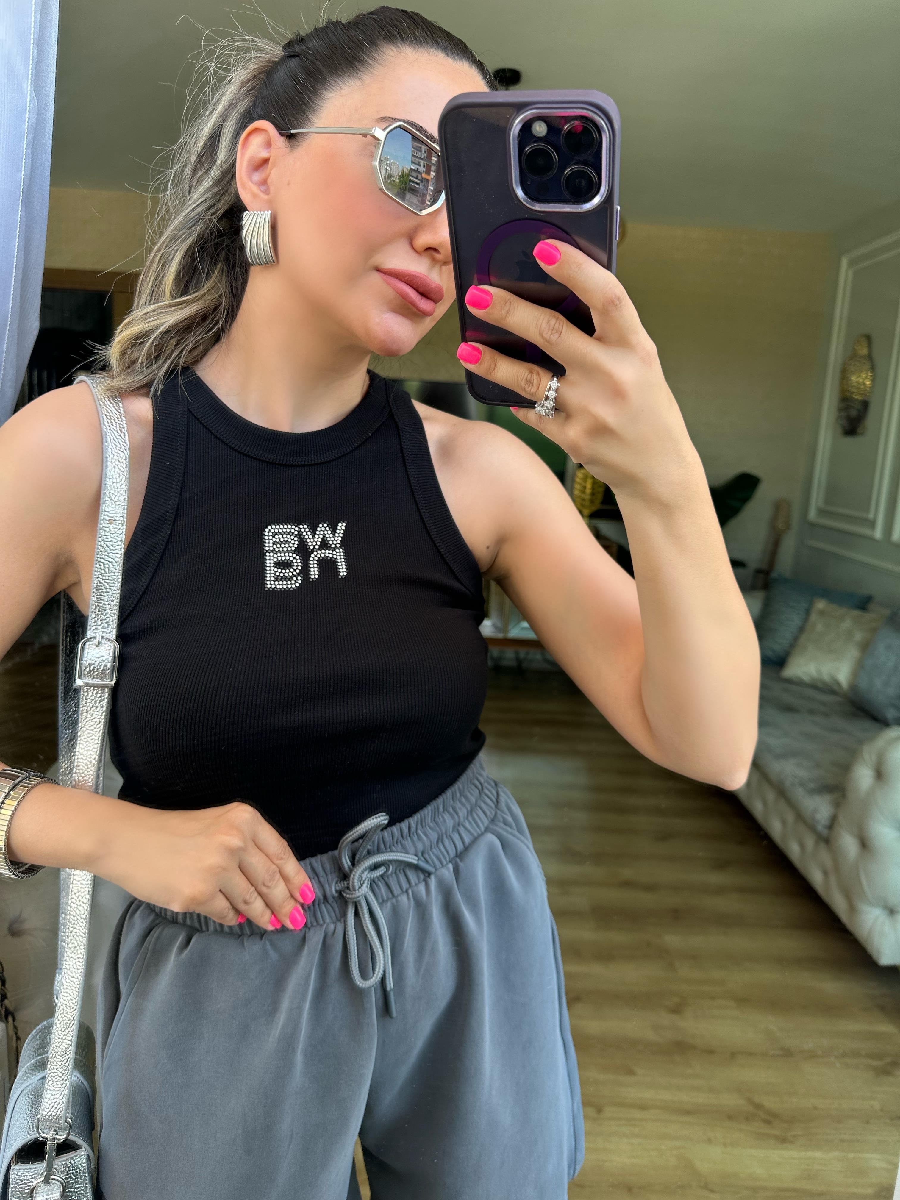 Siyah Wang Taşlı Bluz Atlet