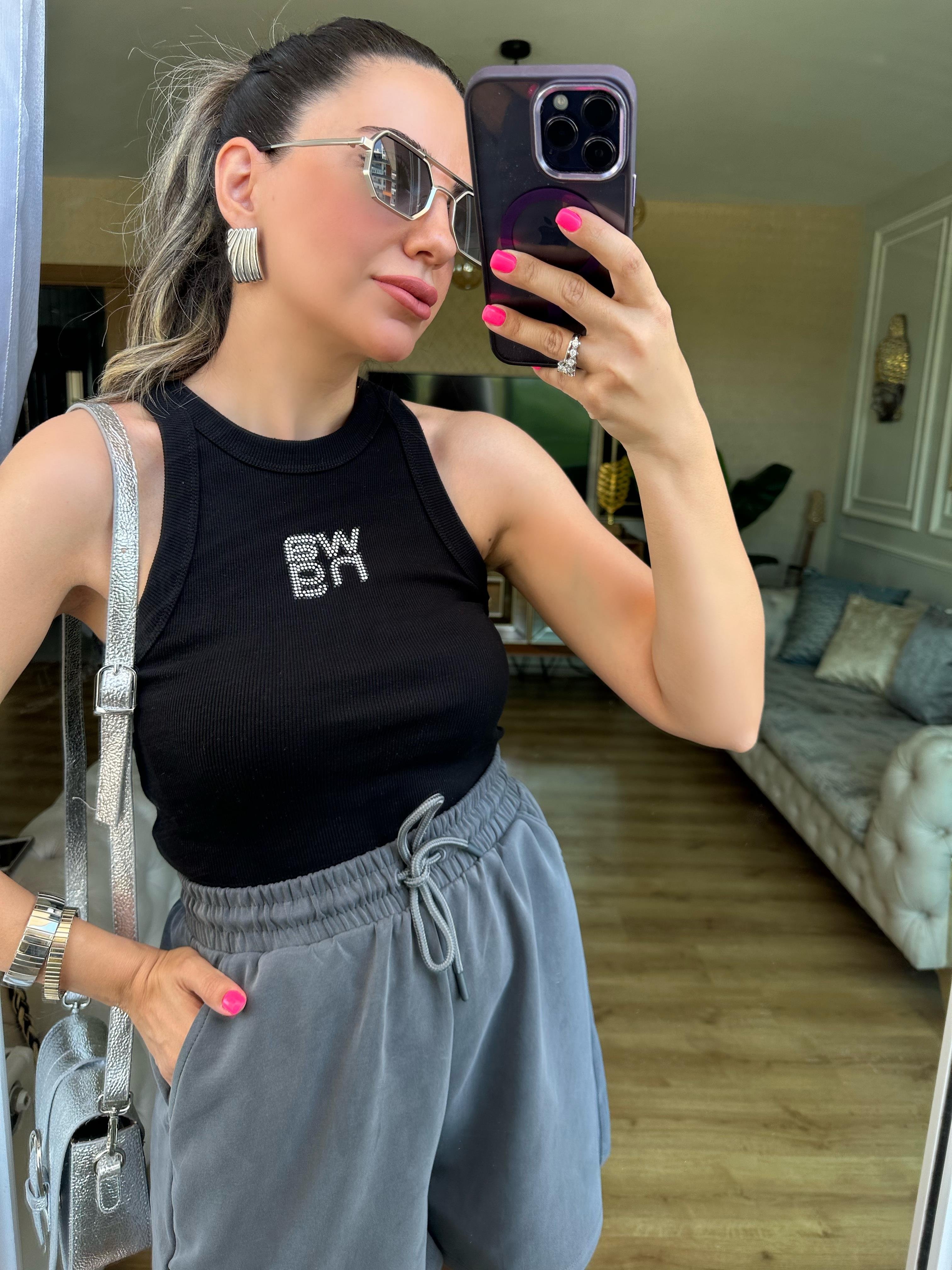 Siyah Wang Taşlı Bluz Atlet