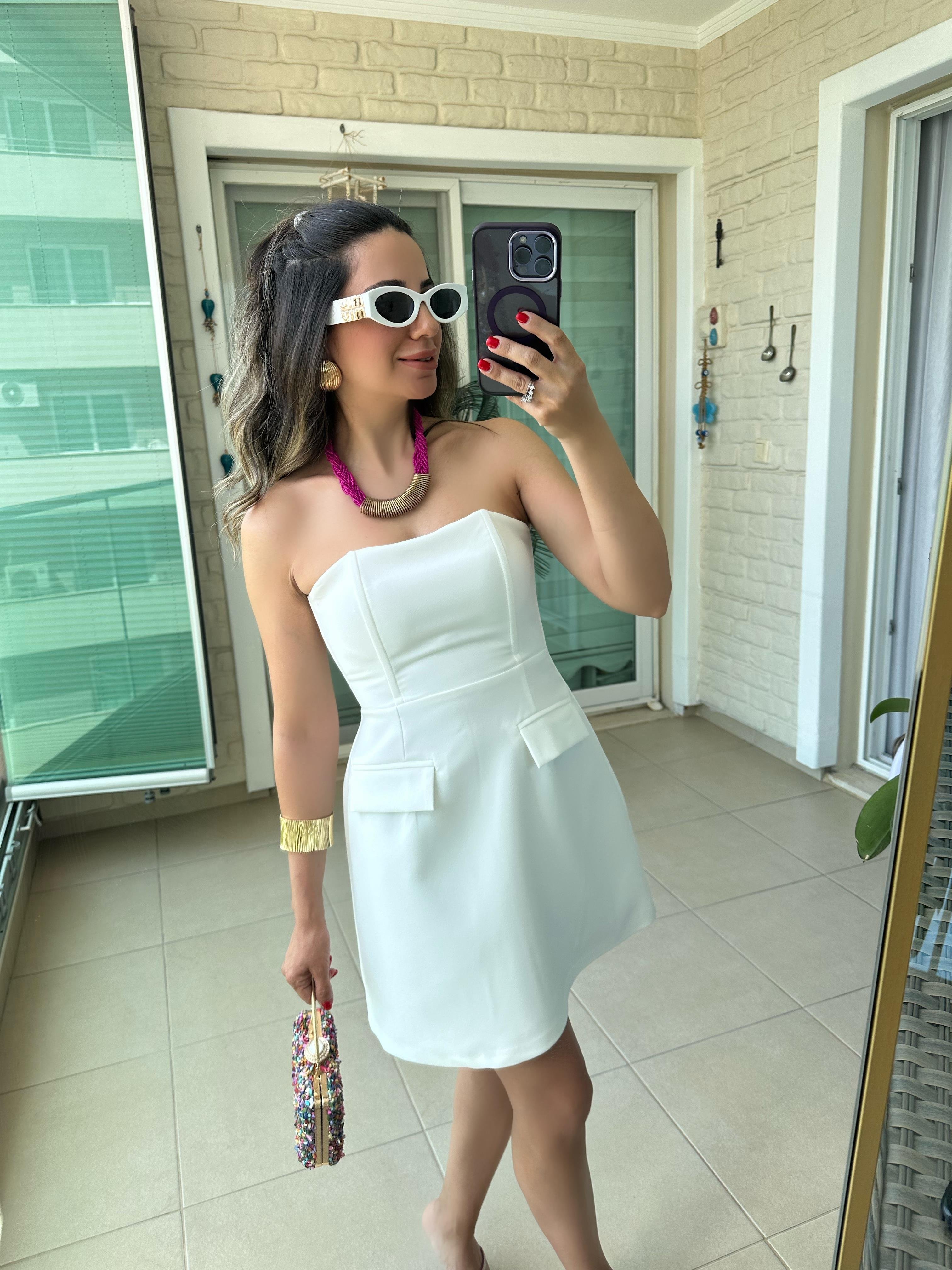 Straplez Beyaz Mini Elbise