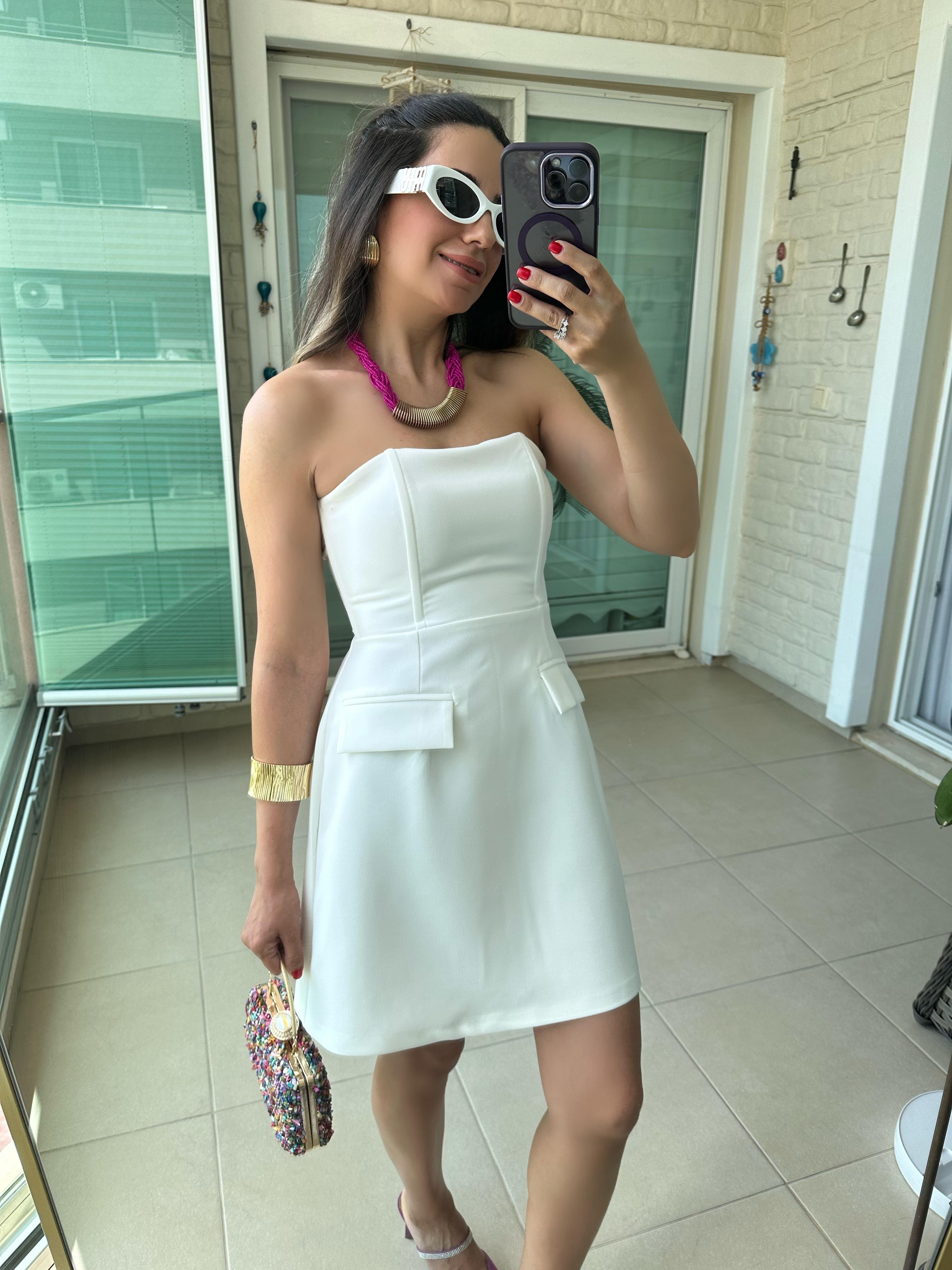 Straplez Beyaz Mini Elbise