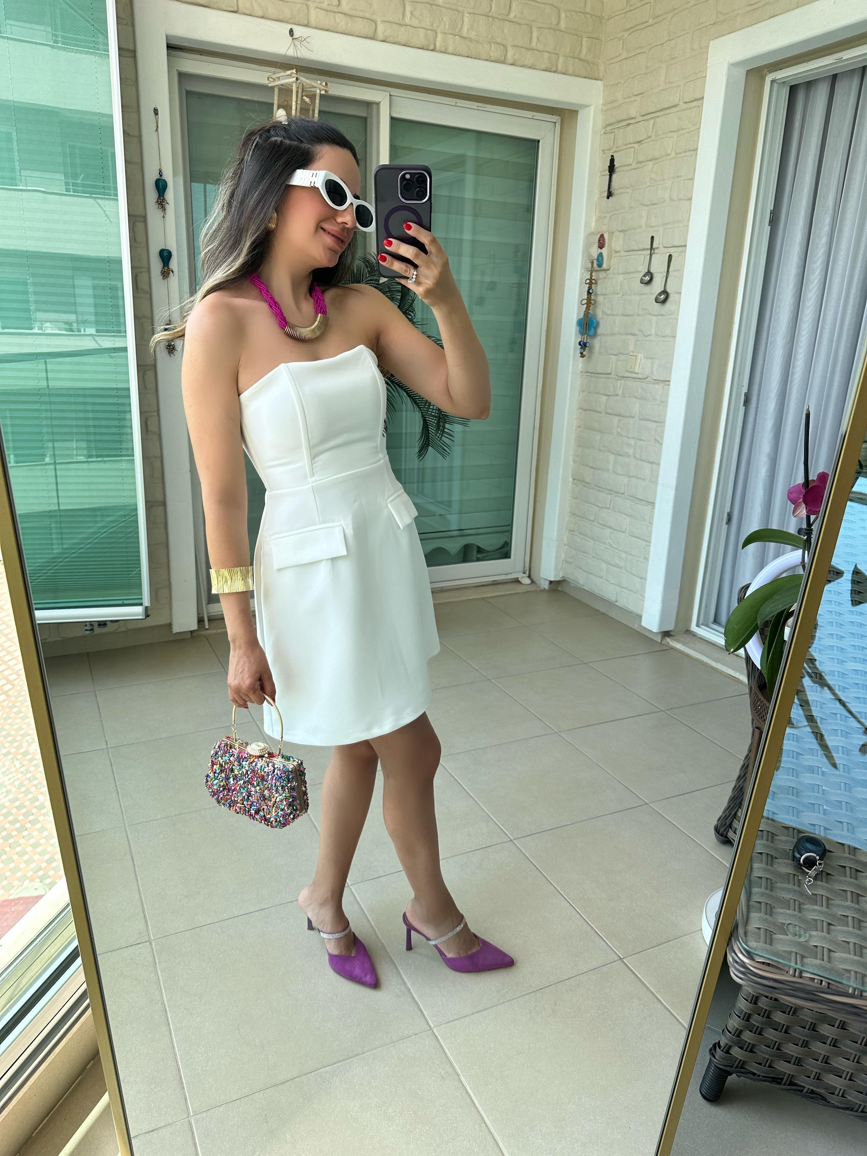 Straplez Beyaz Mini Elbise