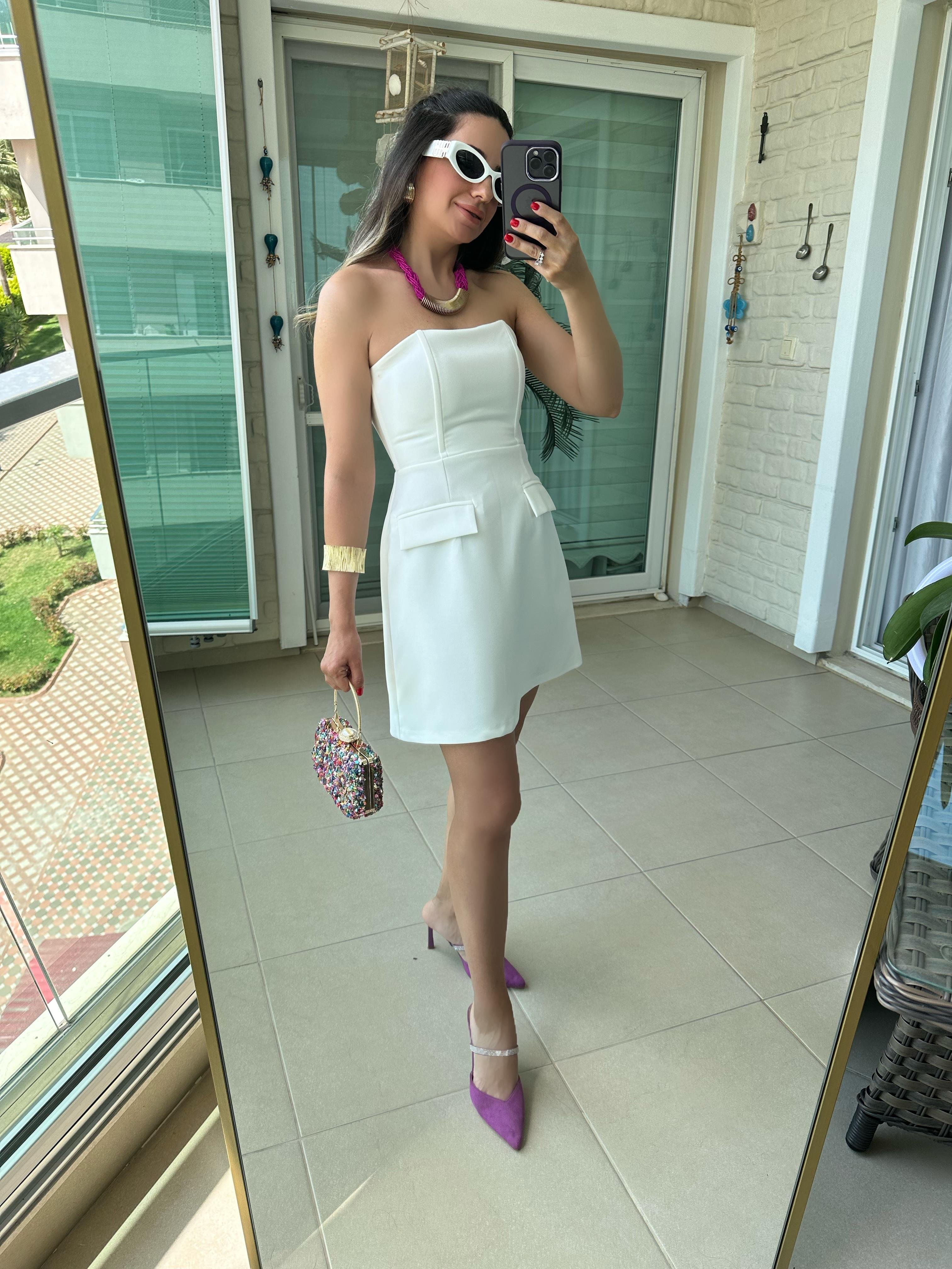 Straplez Beyaz Mini Elbise