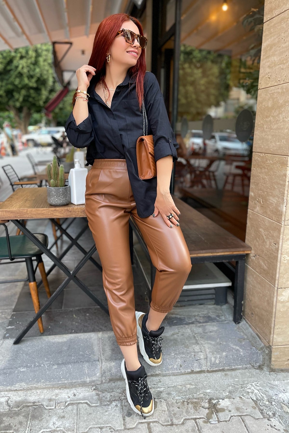 Taba Beli Lastikli Deri Pantolon