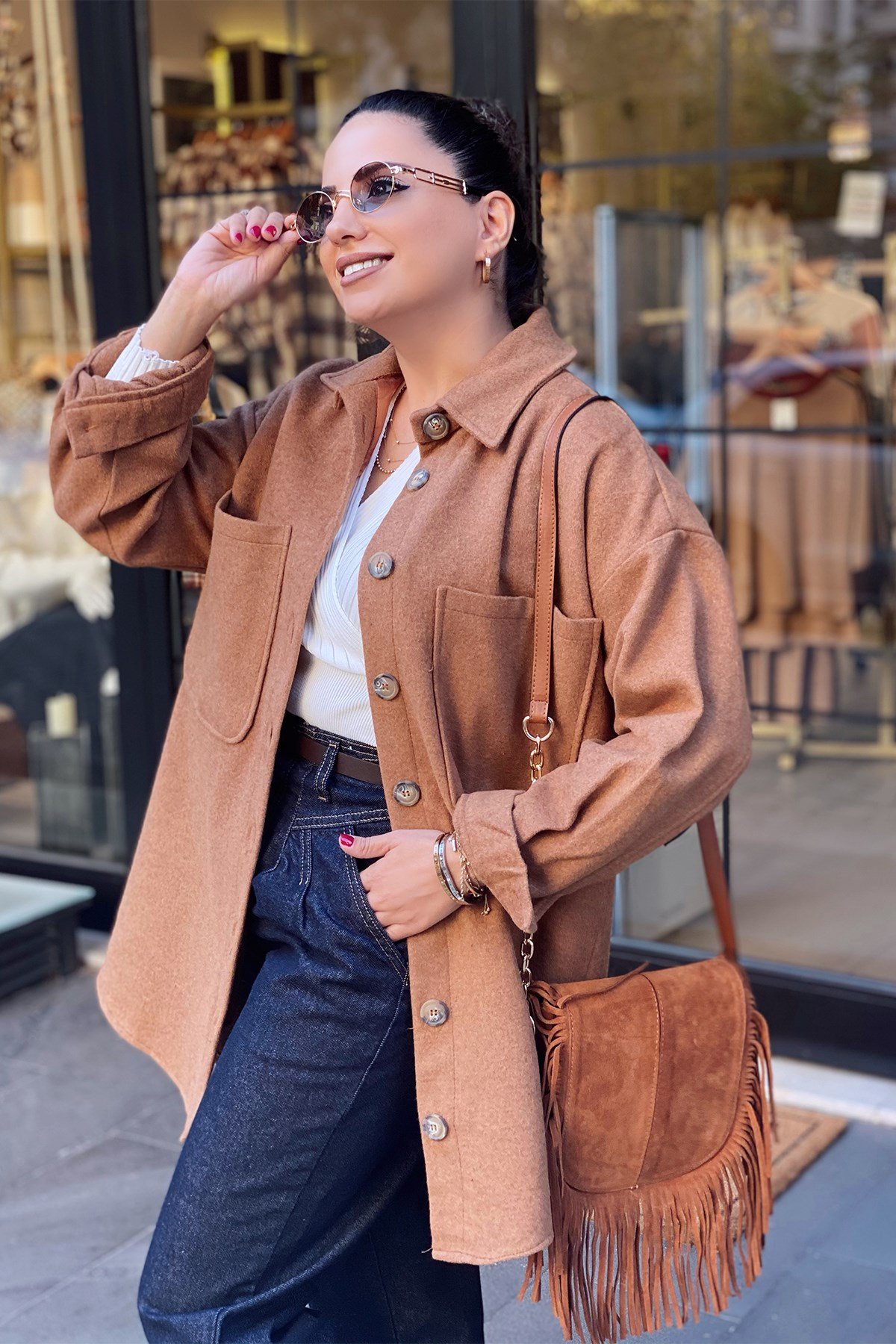 Taba Oversize Kaşe Gömlek Ceket 