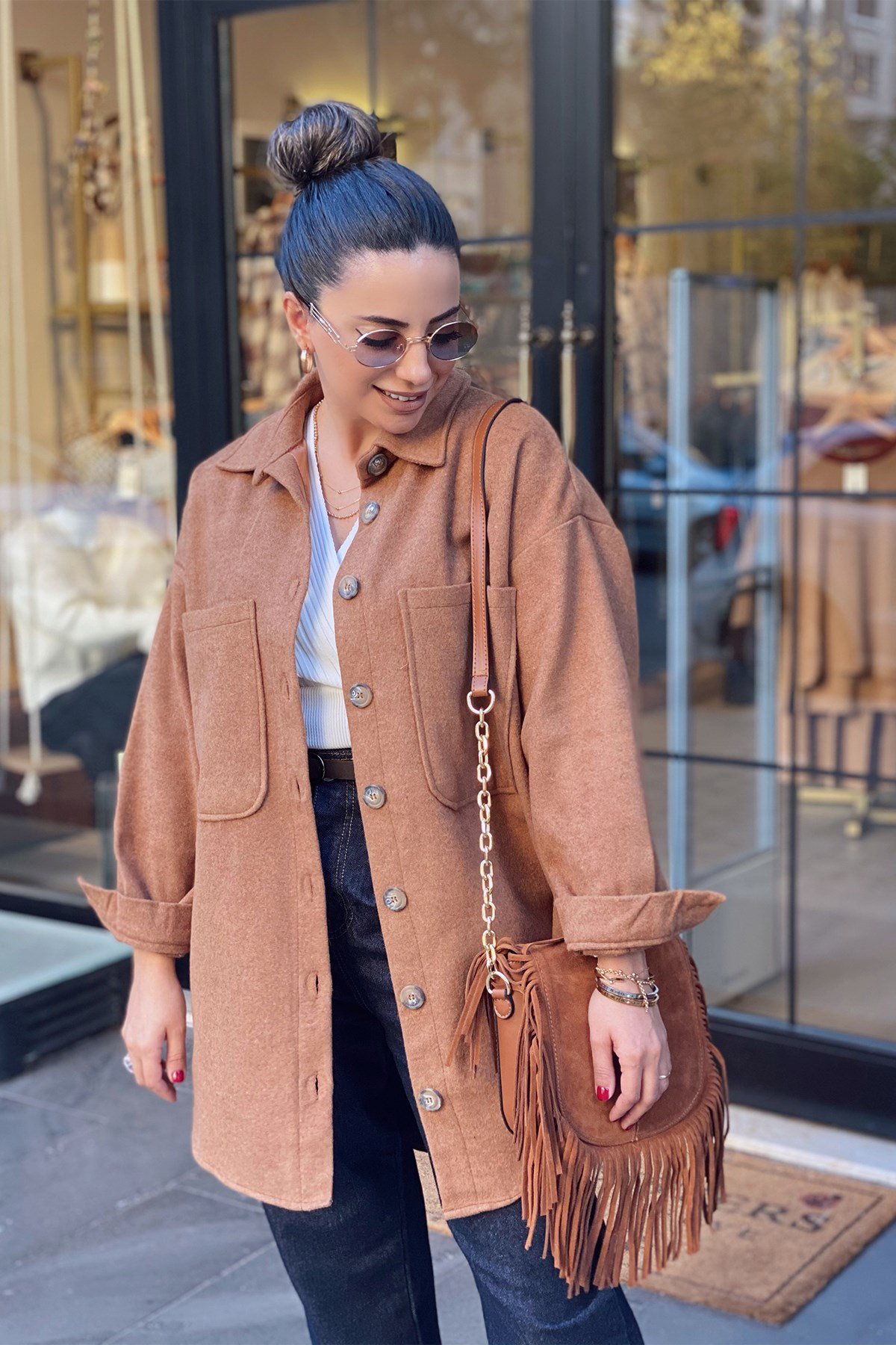 Taba Oversize Kaşe Gömlek Ceket 