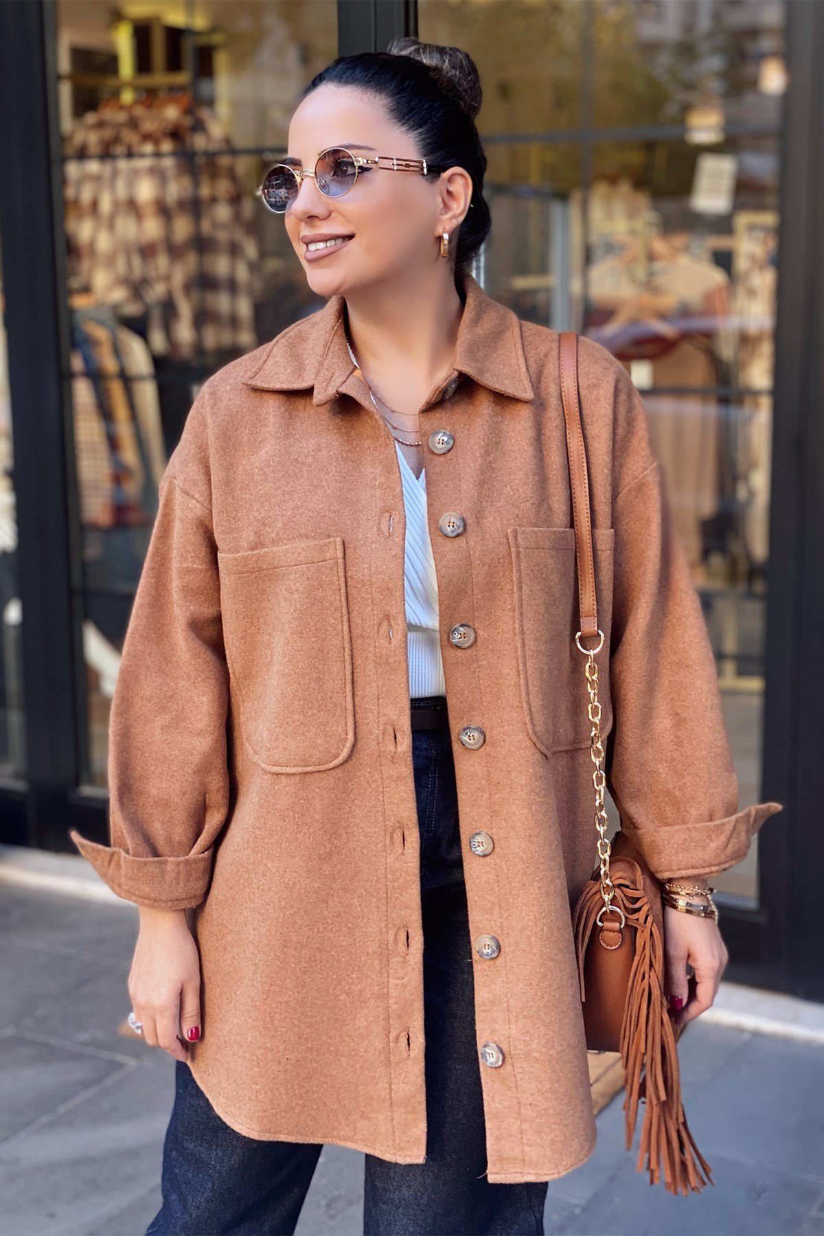 Taba Oversize Kaşe Gömlek Ceket 