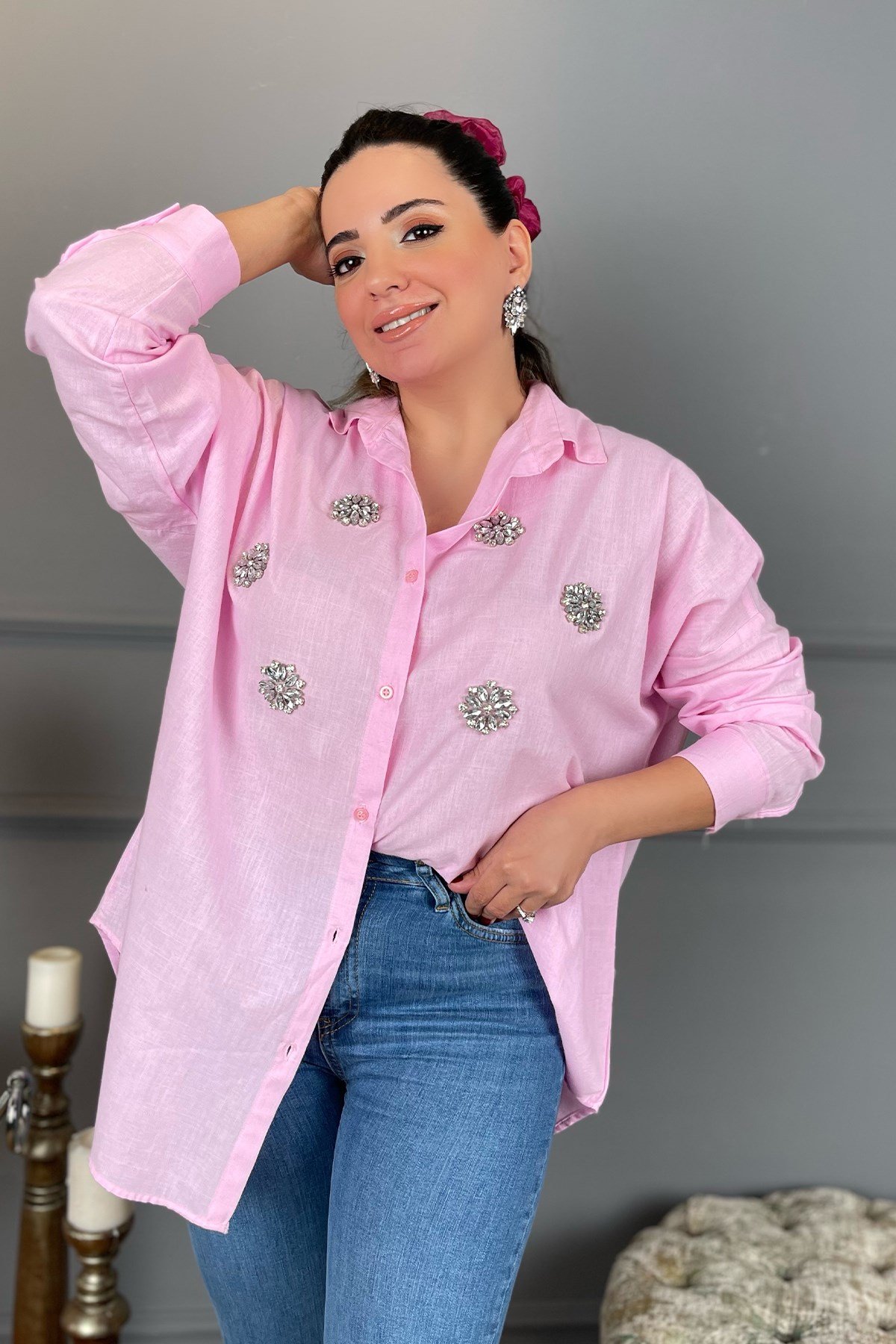 Taş Detaylı Pembe Oversize  Gömlek