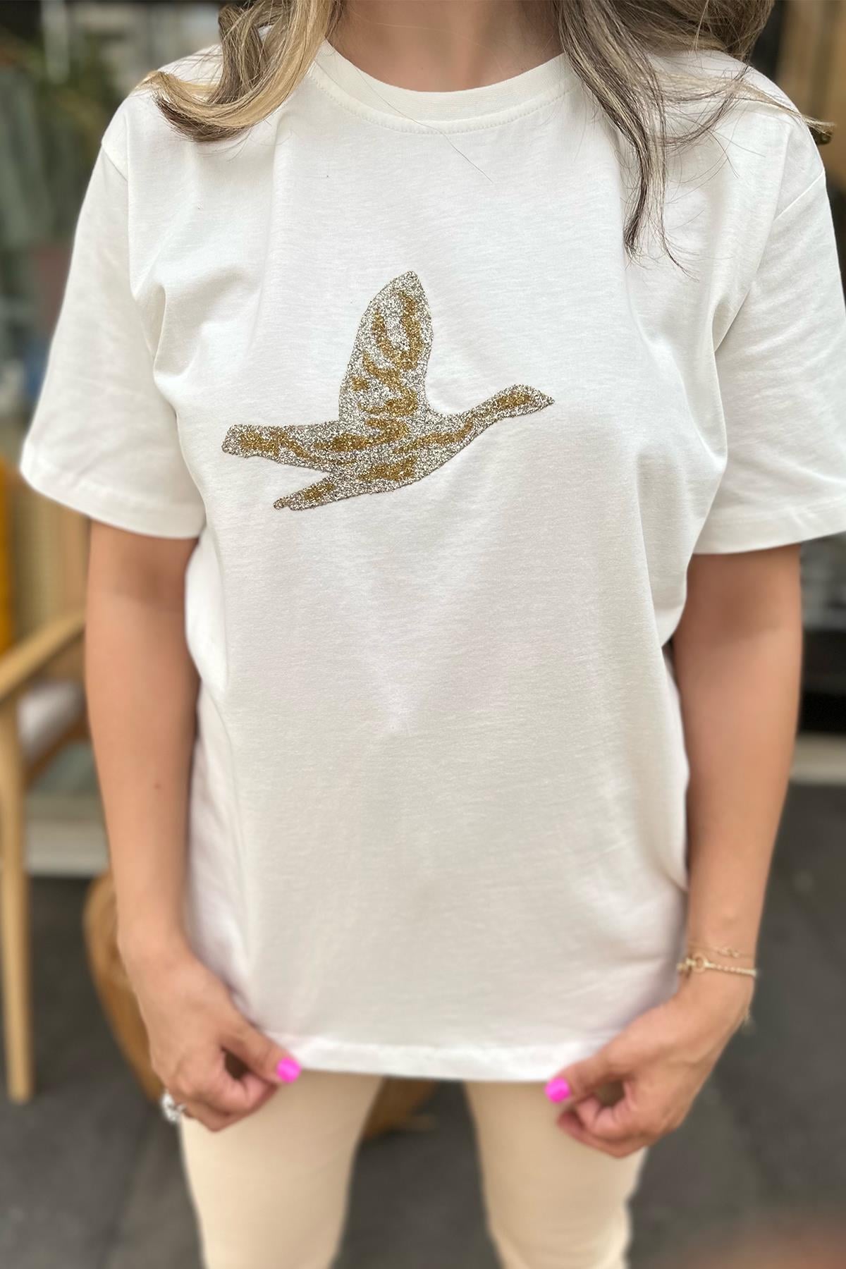 Taşlı Kuş Detaylı Tshirt