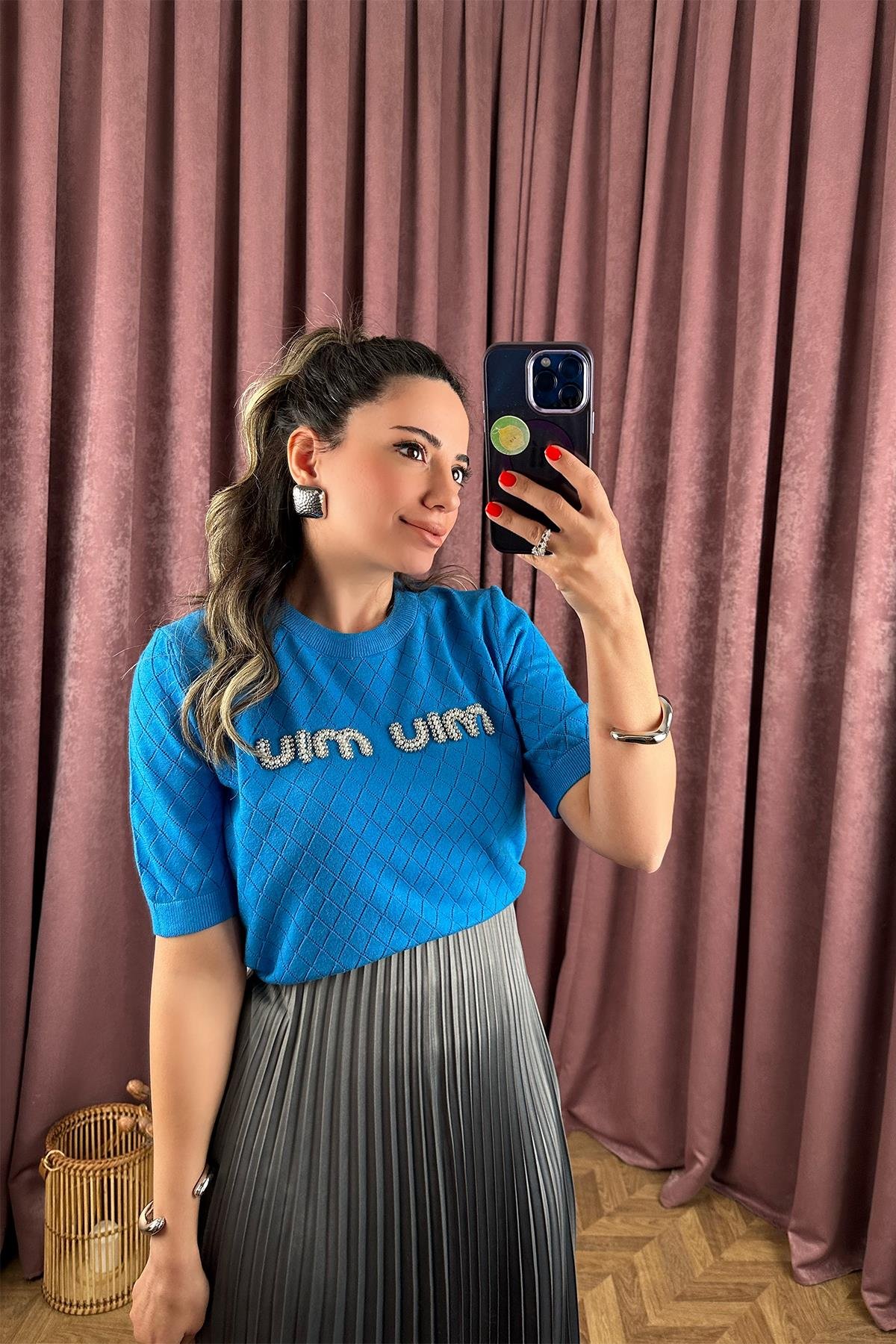 Taşlı Mavi Bluz