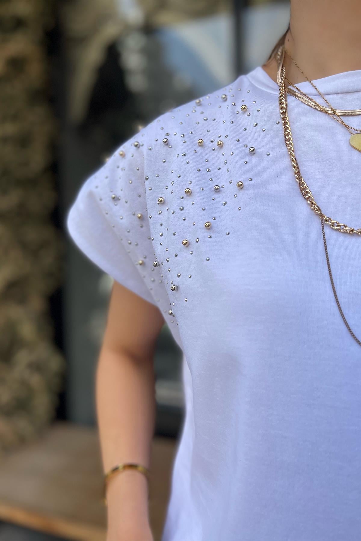 Taşlı Vatkalı Beyaz Tshirt