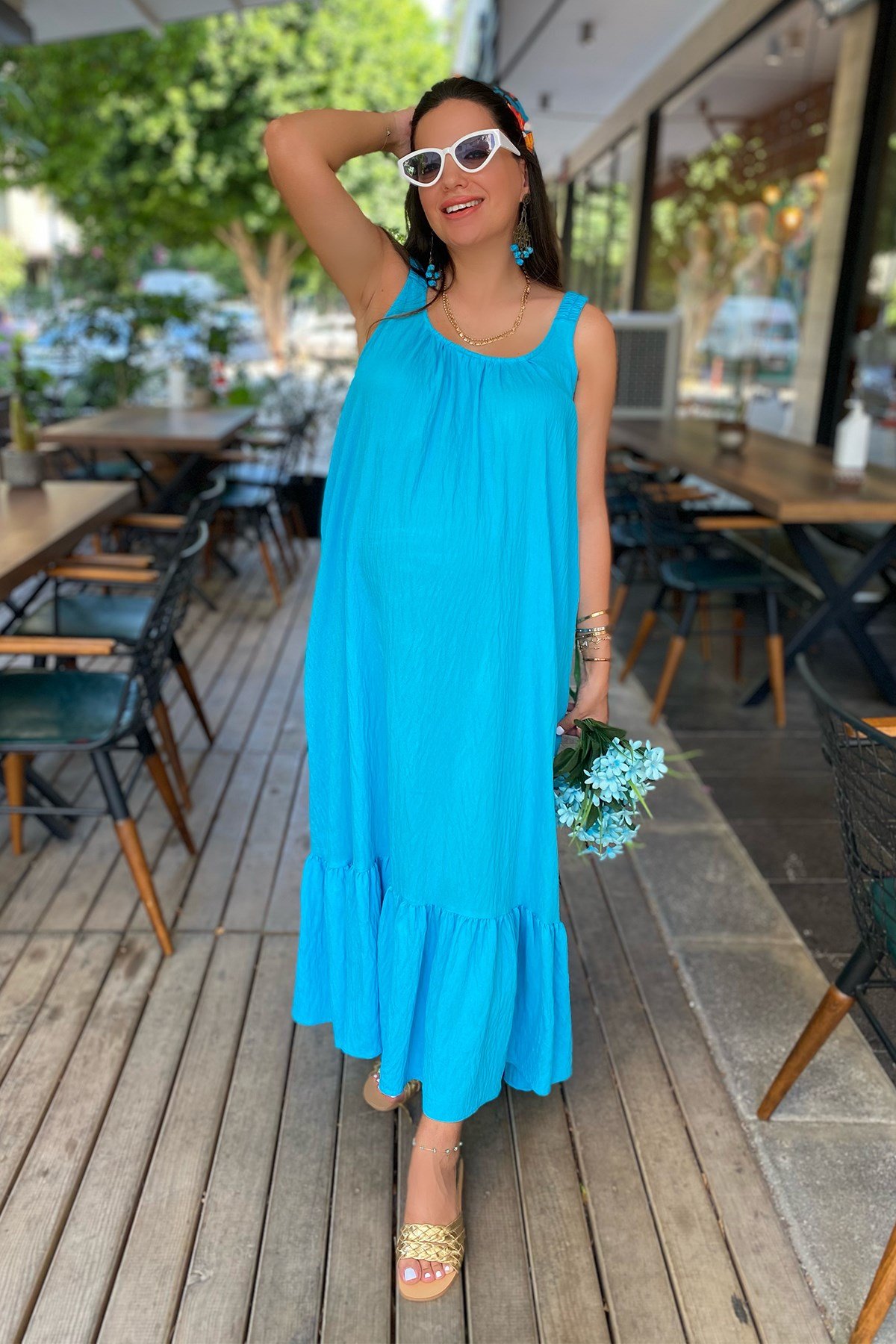 Turkuaz Mavi Askısı Lastikli Elbise